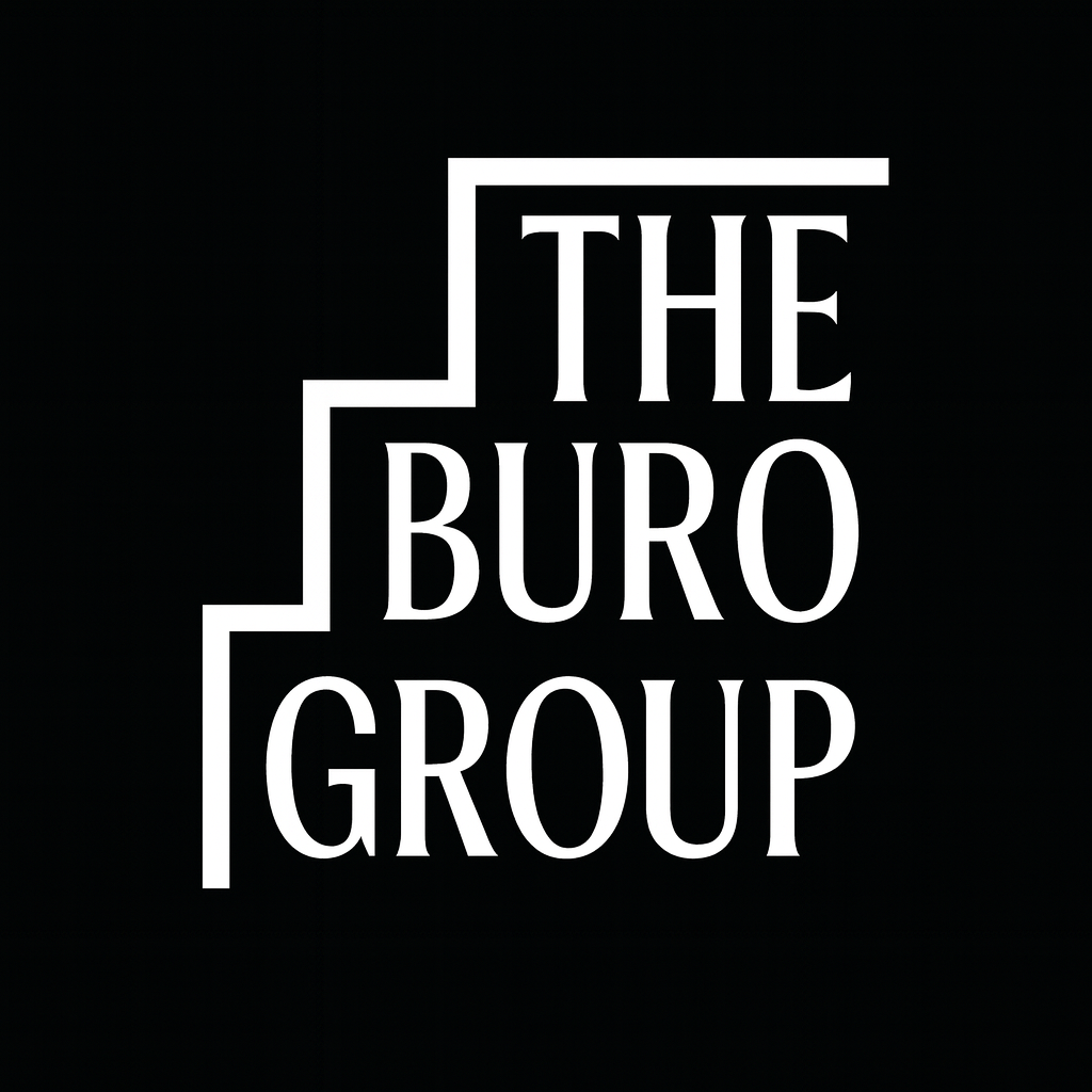 Black background with white geometric outline and text reading 'The Buro Group'.