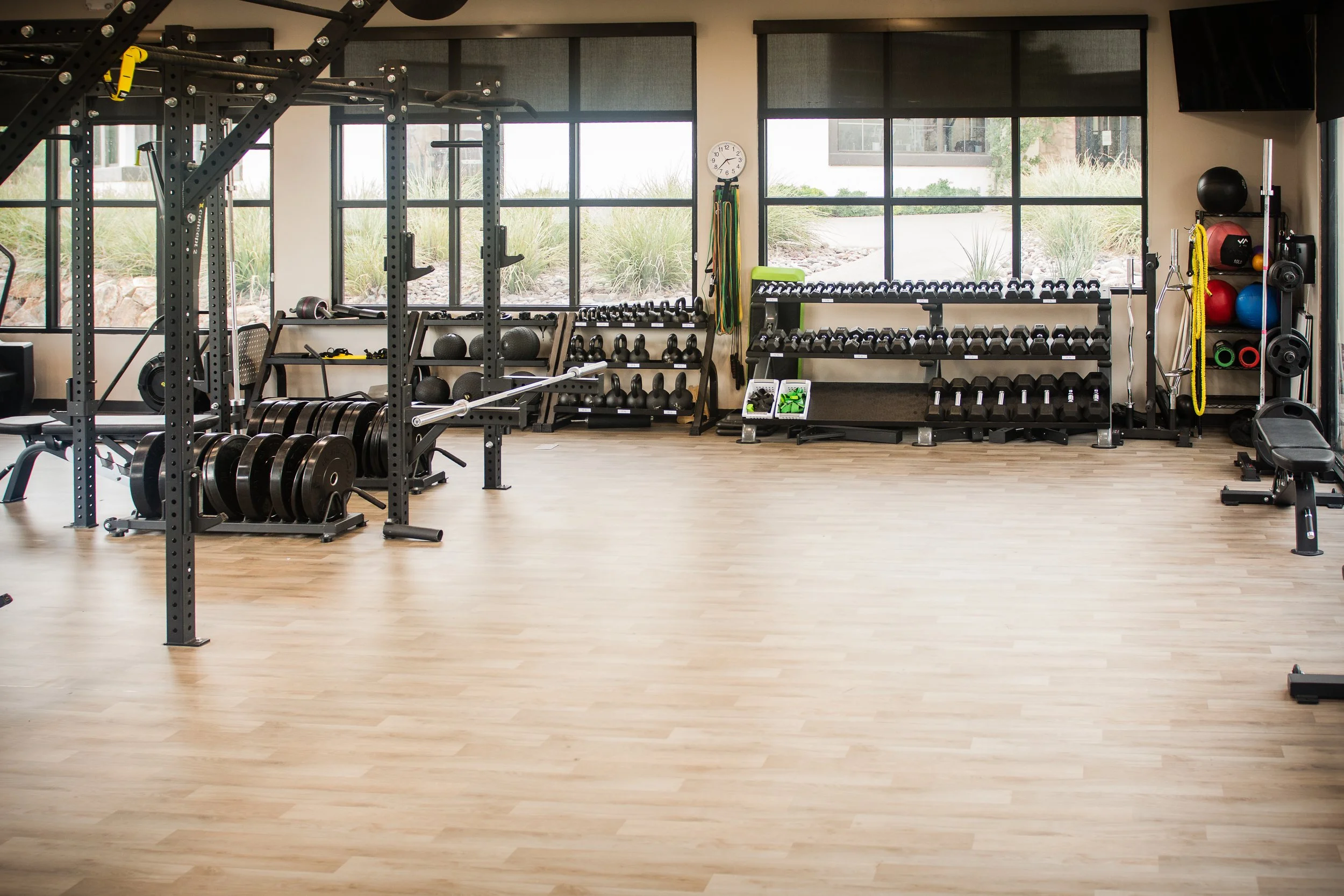Lake Las Vegas Sport Club Performance gym with weight racks, dumbbells, kettlebells, medicine balls, resistance bands, and a bench, treadmill.