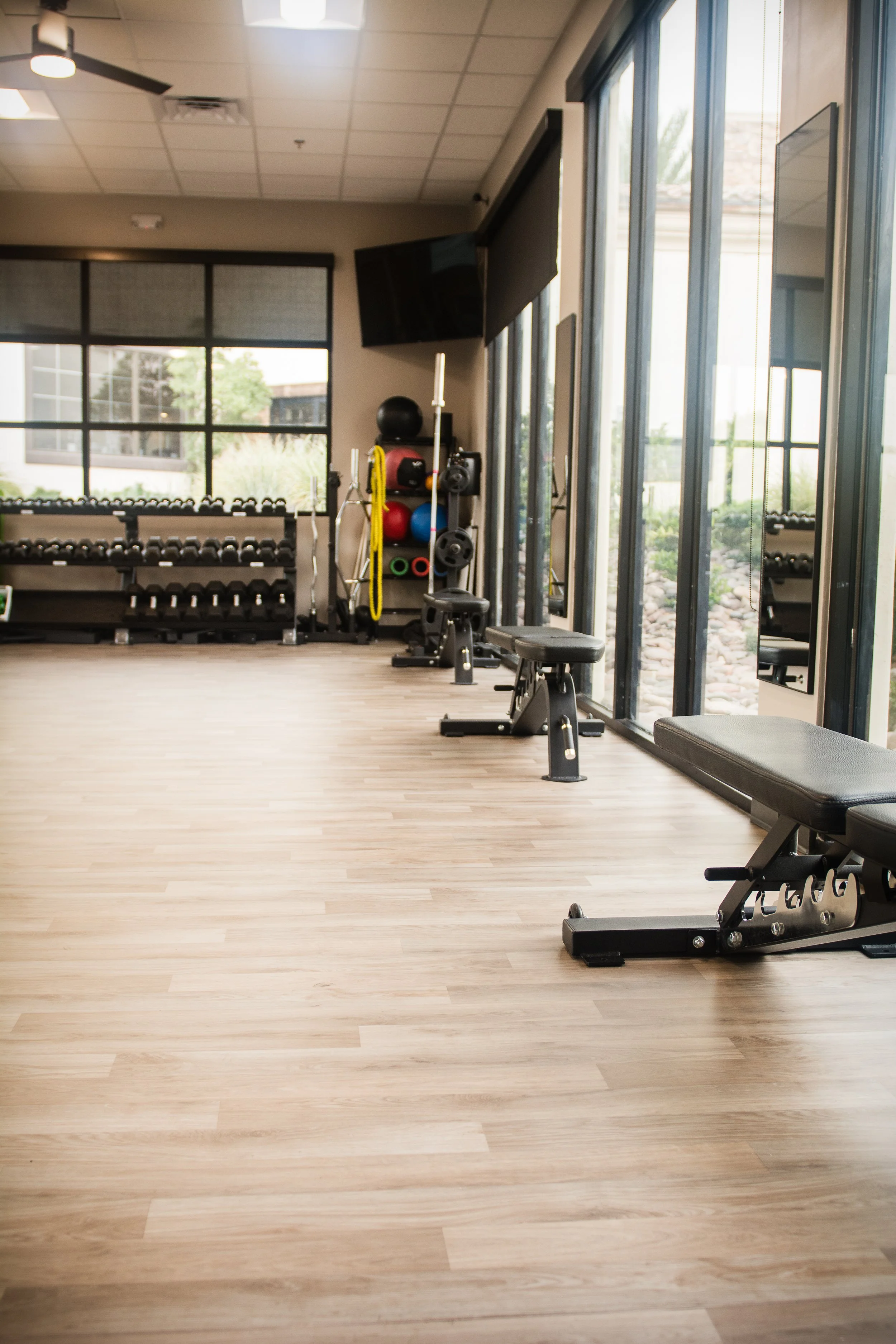 Lake Las Vegas Sport Club Performance gym with weight racks, dumbbells, kettlebells, medicine balls, resistance bands, and a bench, treadmill.