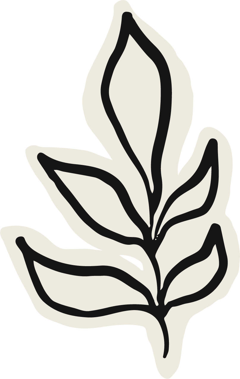 Stylized black and white line drawing of a leafy plant with multiple elongated leaves.