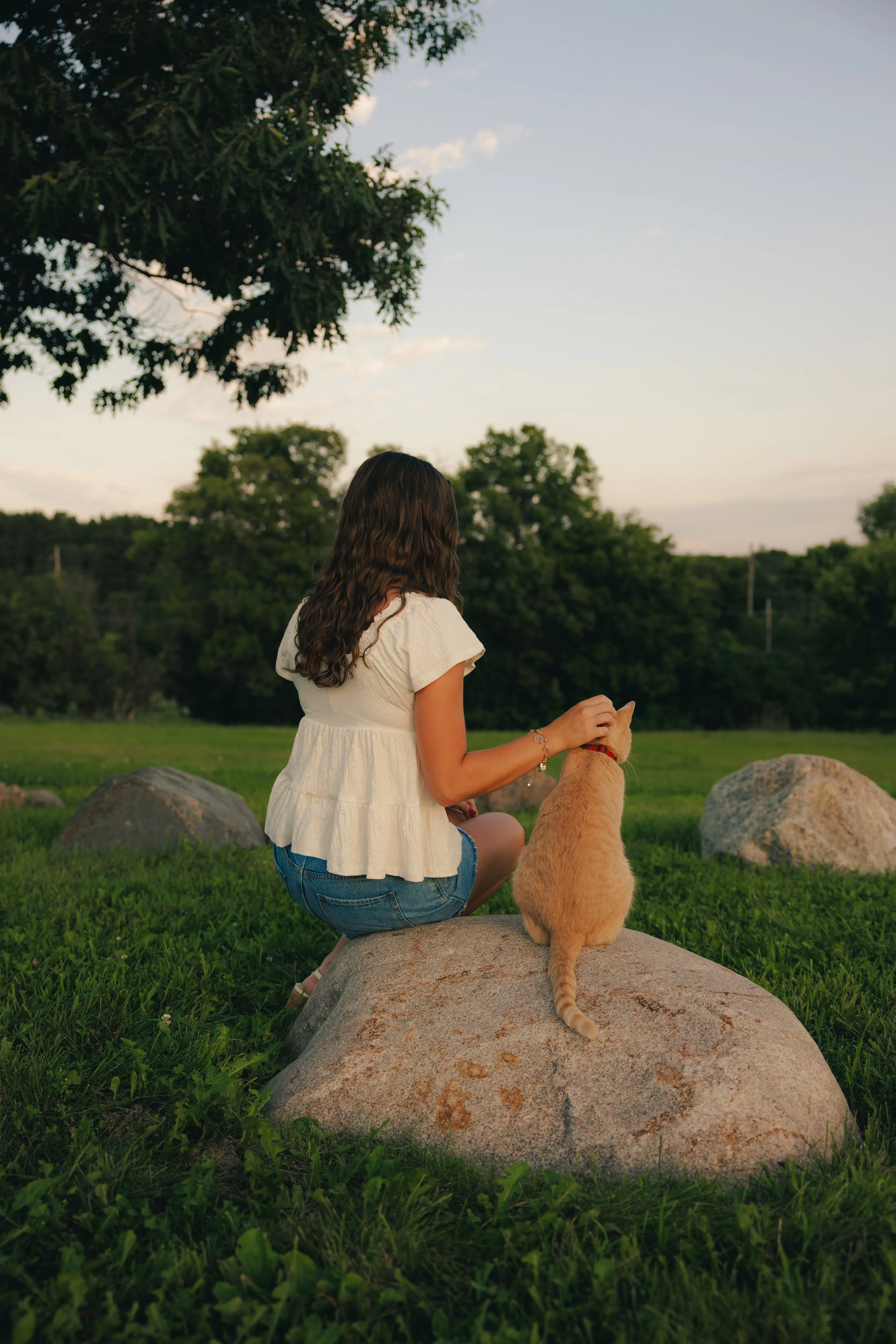 A woman with brown, wavy hair wearing a cream-colored top and denim shorts, sitting on a large rock in a grassy field, petting a ginger cat with a red collar. There are more rocks around and trees in the background, with a clear sky above.