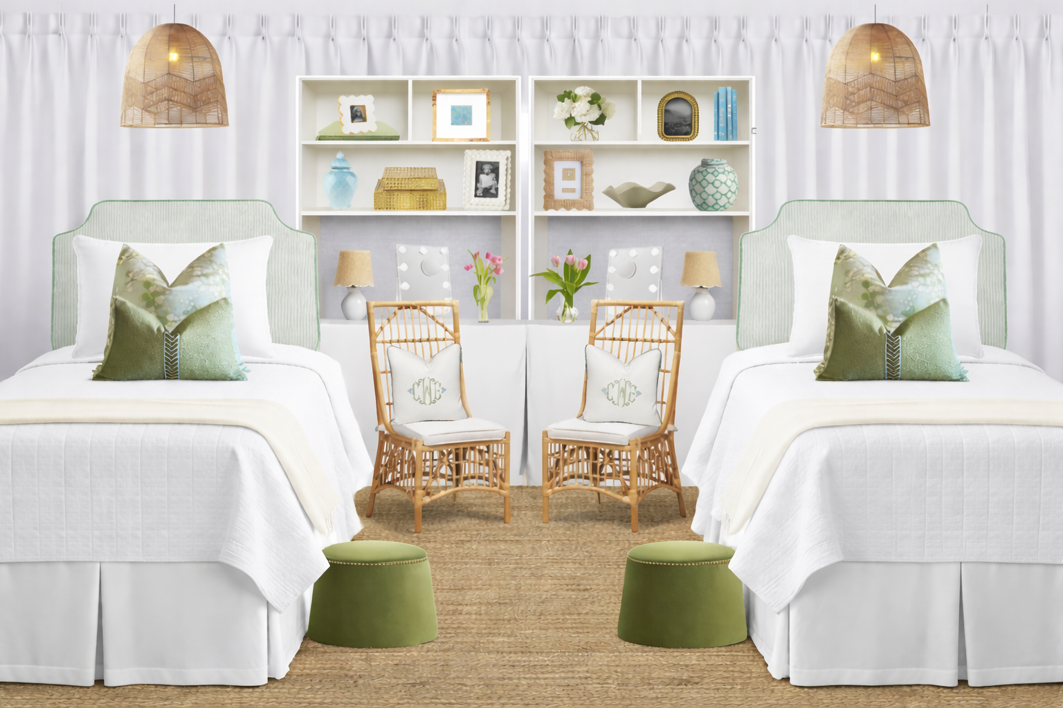 Symmetrical bedroom with mint accents.png