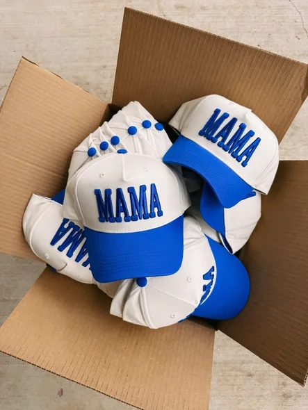mama puff trucker hat - cream/blue