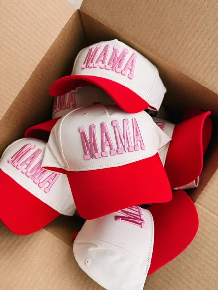 mama puff trucker hat - cream/red/pink