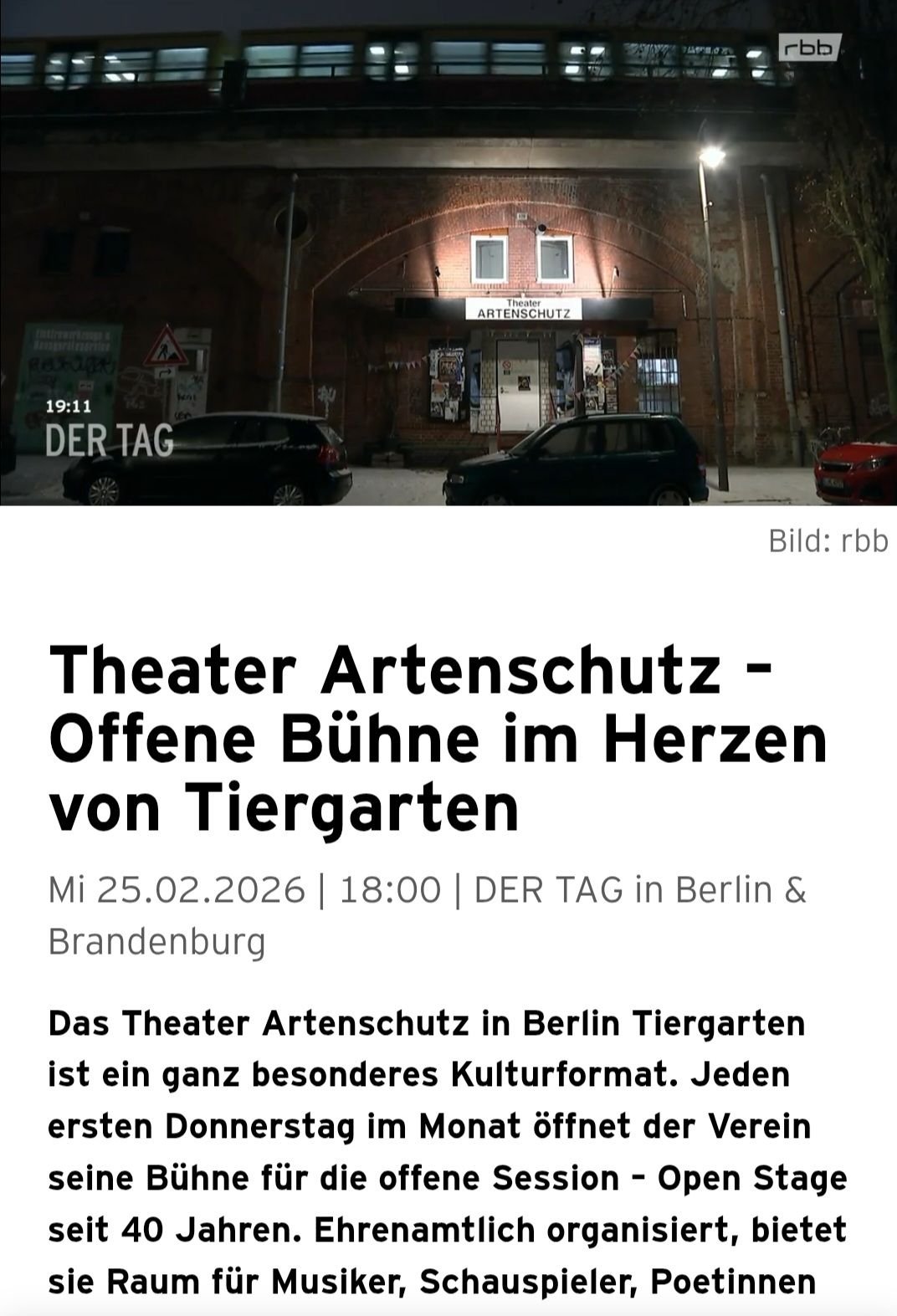 Ein Beitrag &uuml;ber das Artenschutztheater, wovon sooft erz&auml;hle 🤗 https://www.rbb-online.de/der-tag/videos/-video-beitraege/Theater-Artenschutz-Offene-Buehne-im-Herzen-von-Tiergarten.html
