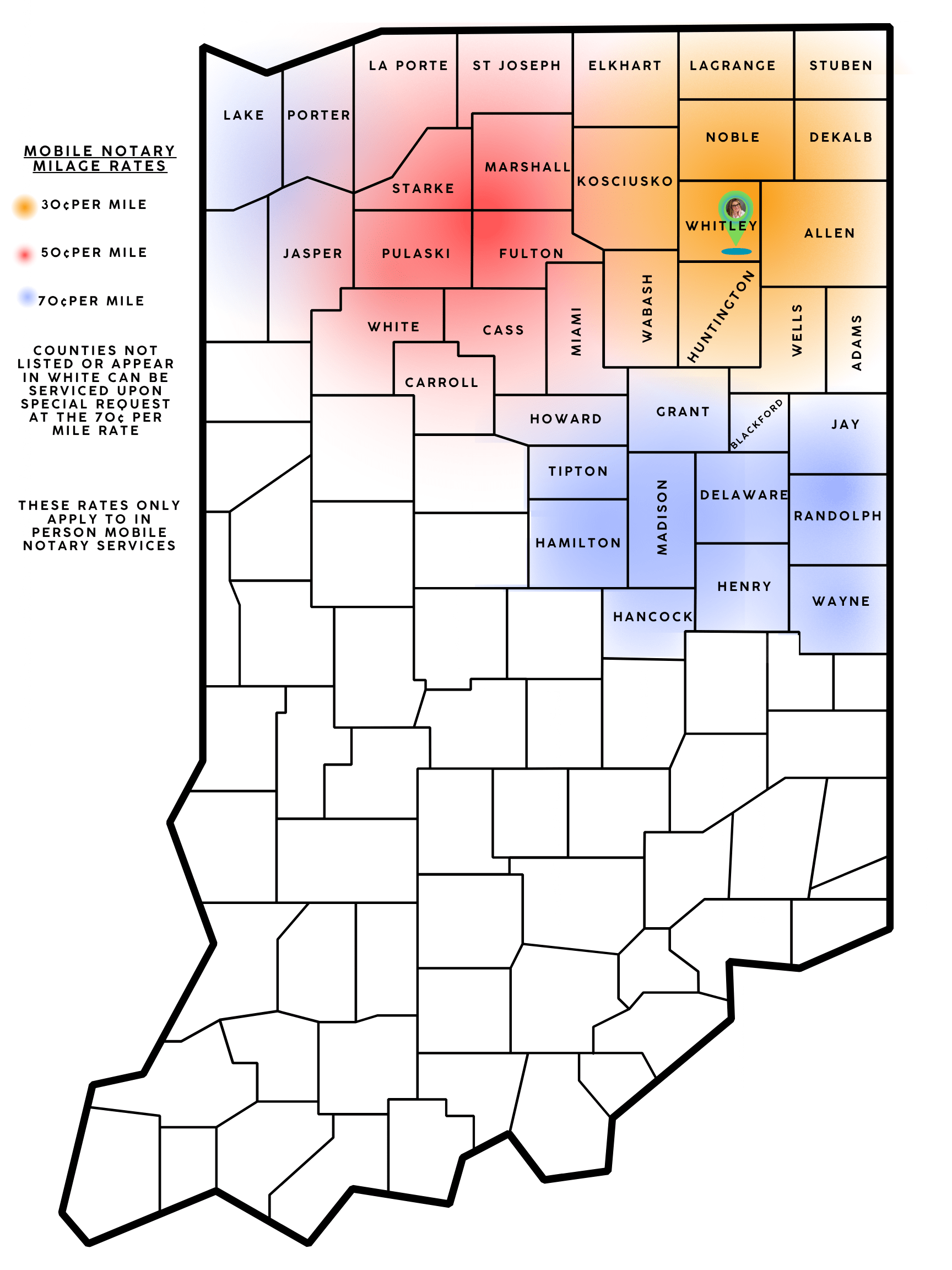 A map of Indiana showing the coverage area of The Fine Point Notary. Counties in Orange-30¢/mile. Counties in Red-50¢/mile. Counties in Blue-70¢/mile. The Fine Point Notary is based in Whitley County, Indiana.