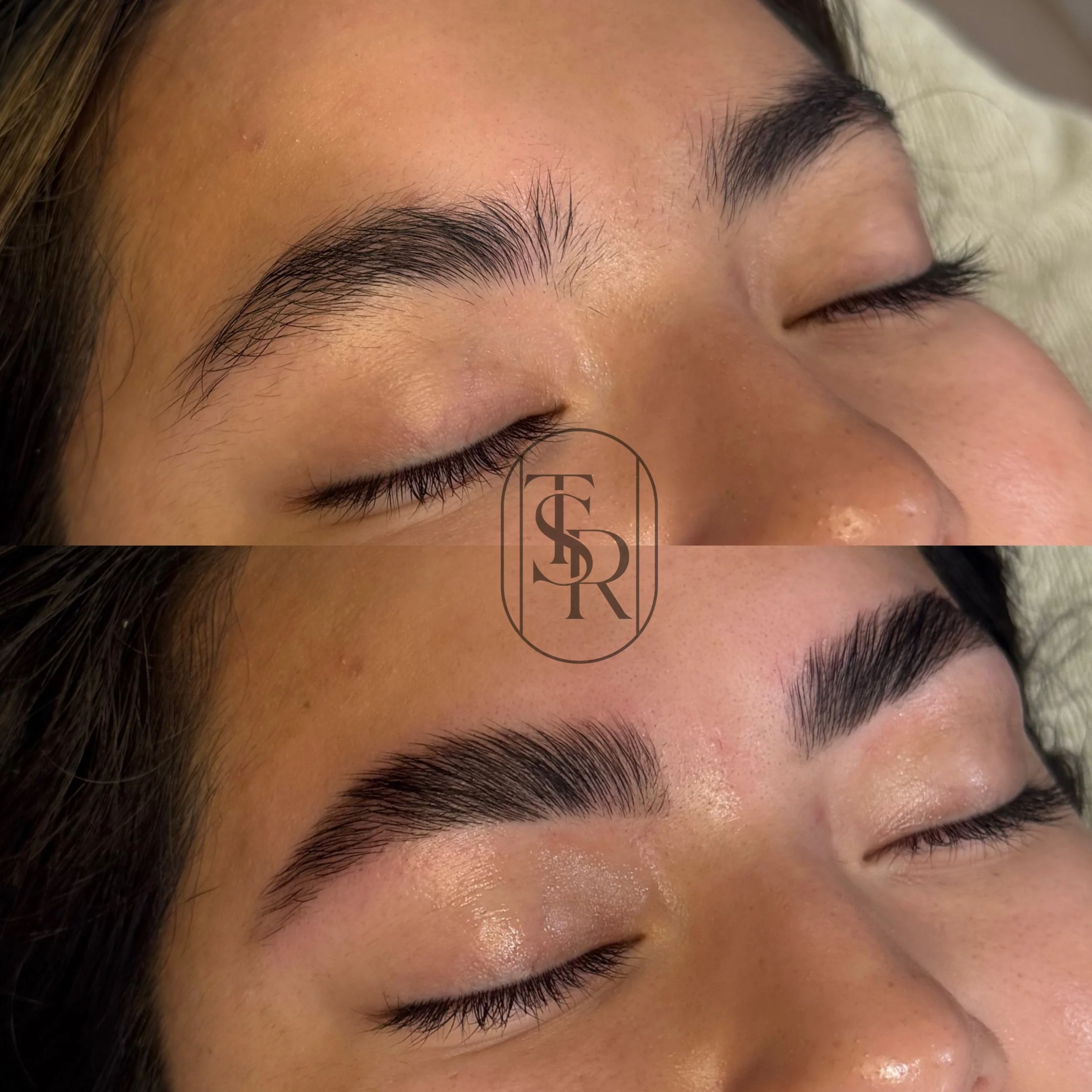 Close-up of a woman's eyebrow transformation, before and after microblading, with her eyes closed.