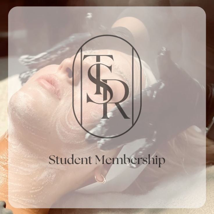 A person receiving a hair treatment in a salon, with the logo and text overlay for Student Membership.