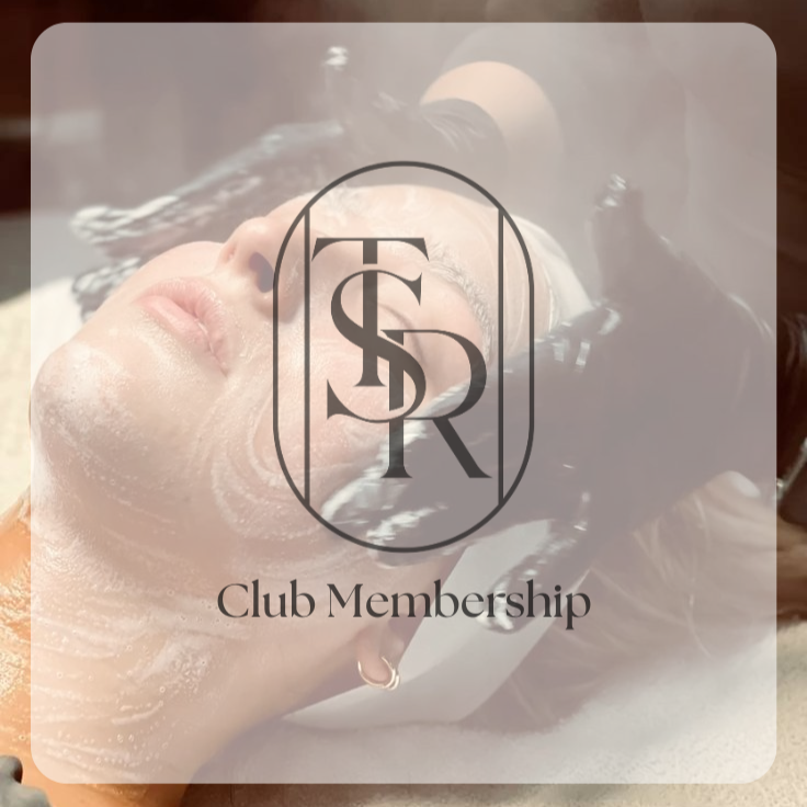 A woman receiving a hair treatment or wash at a salon with a logo and text overlay reading 'TSR Club Membership'.