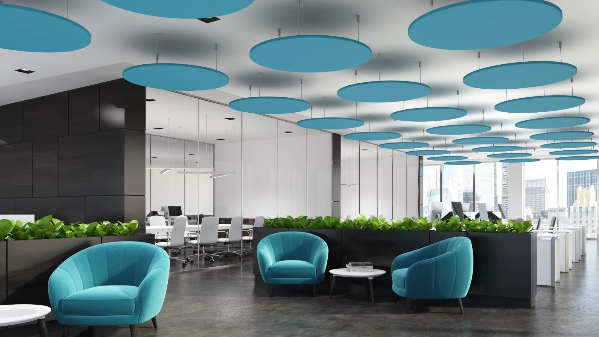 Modern office space with blue circular ceiling decor, teal armchairs, white tables, and potted greenery, after construction cleaning services.