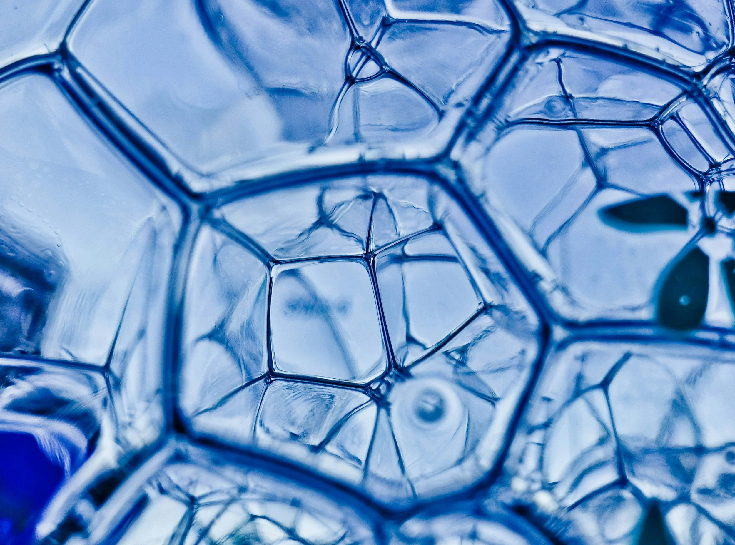 Close-up of blue glass containing soap bubbles with hexagonal shapes and thin film edges.