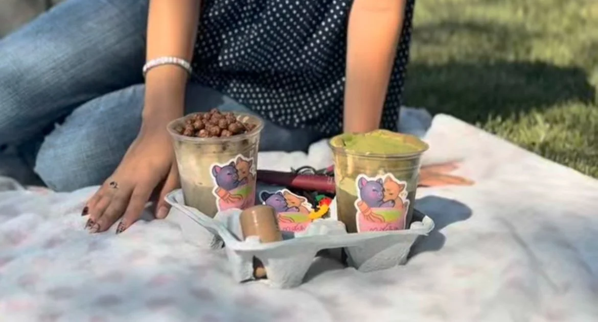 Two cups of frozen dessert on a tray, one with chocolate toppings and the other with green topping, set on a blanket outdoors during daytime.