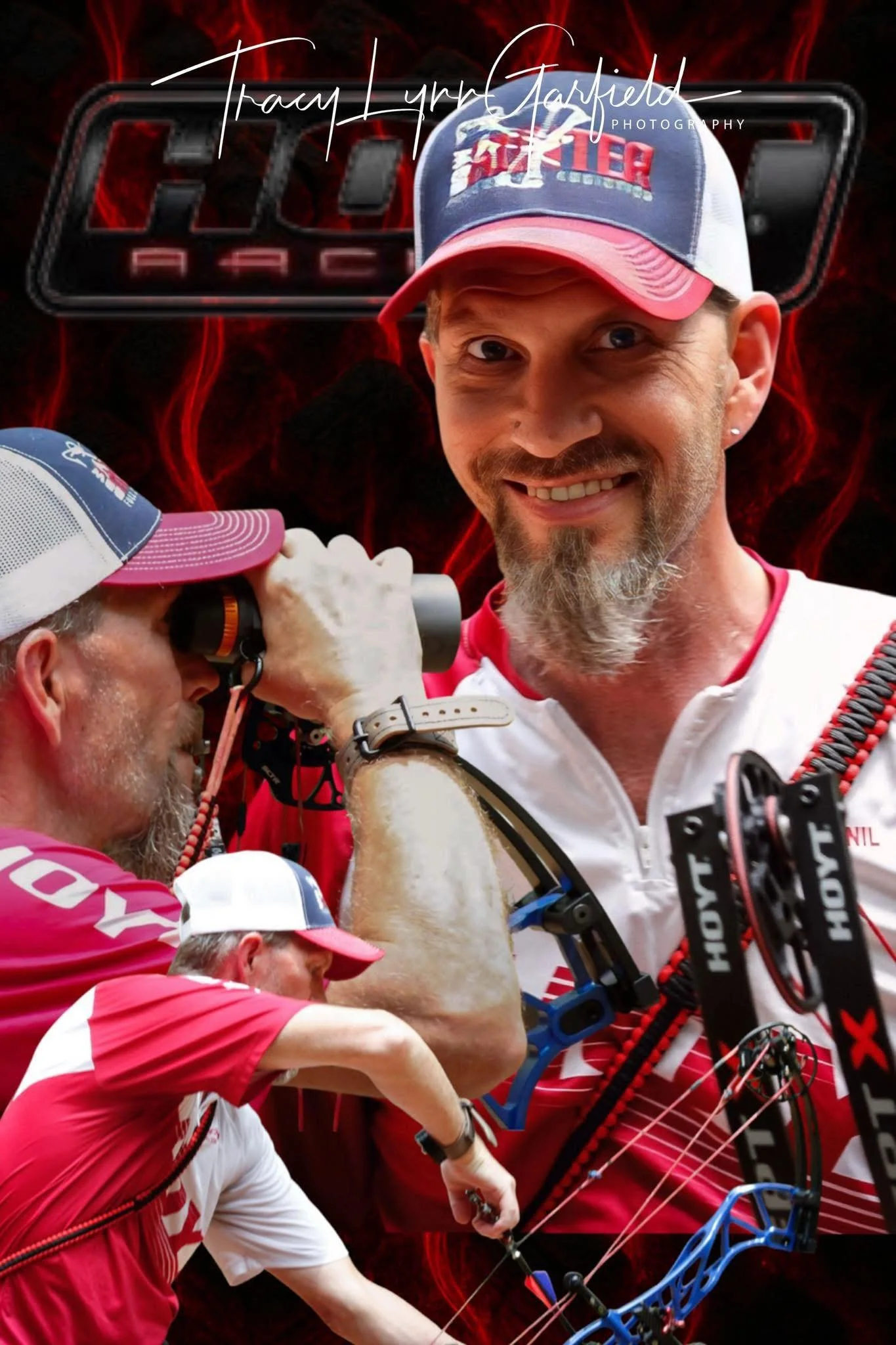 A collage of a man in a red and white sports outfit, holding a bow and aiming an arrow, with an overlay of a close-up portrait of the same man smiling, wearing a cap and sports gear. The background features a dark red graphic with stylized flames and