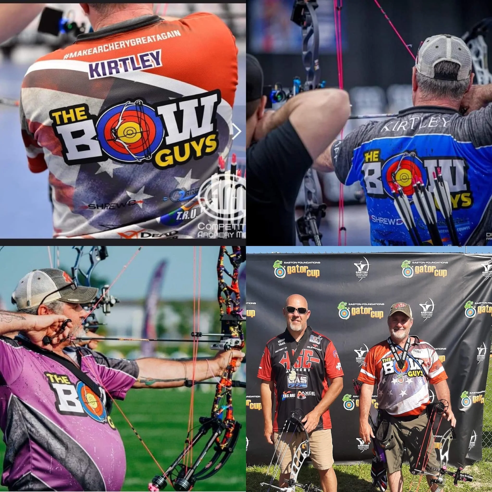 Collage of archery athletes and events. Top left: back of a person wearing a shirt with 'The Bow Guys' logo. Top right: person drawing a bow aiming at a target. Bottom left: person in purple aiming a bow. Bottom right: two men standing in front of a