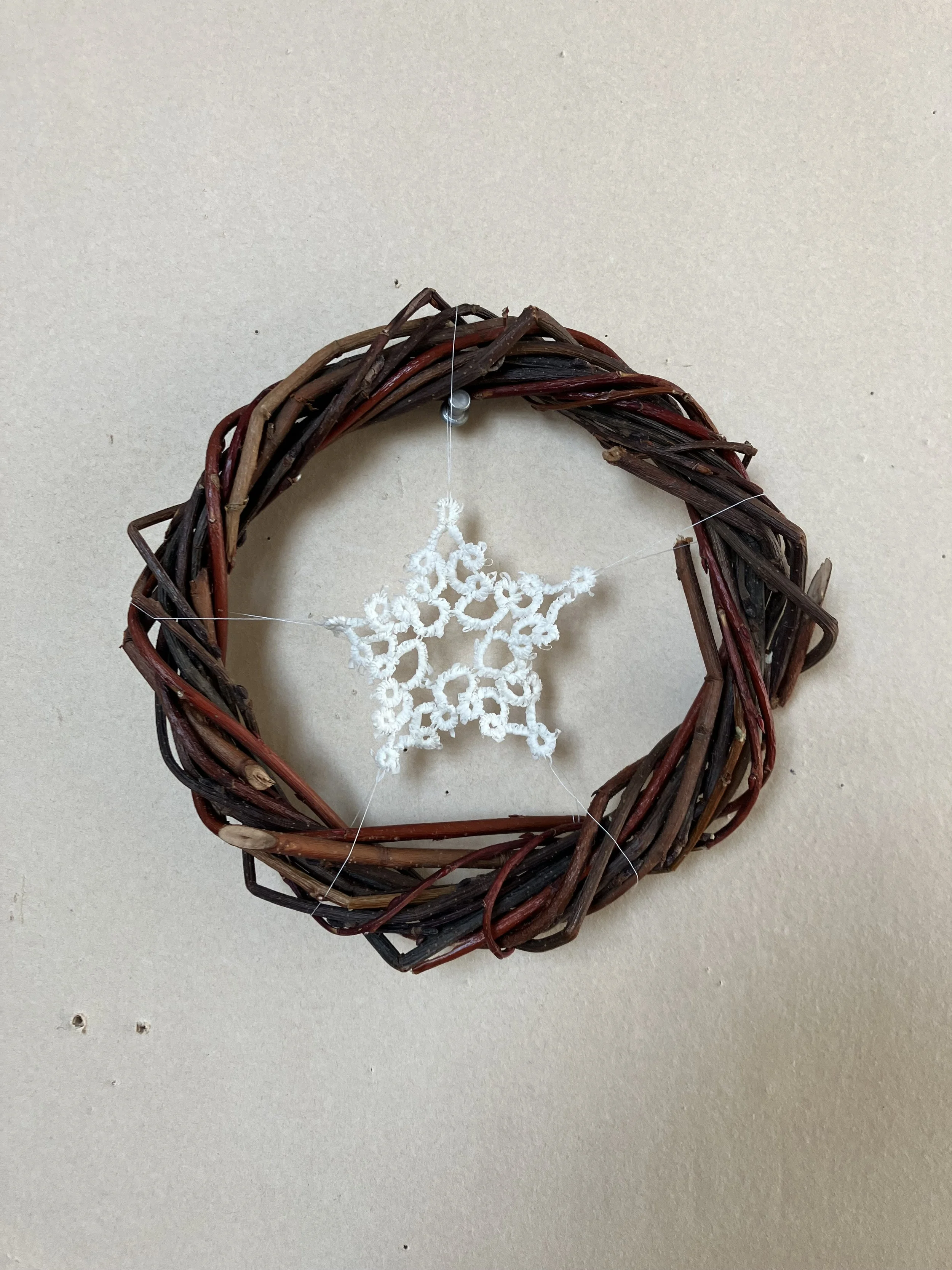 "Paper Snowflake" 2023
Tatted paper lace, willow reed wreath
7"