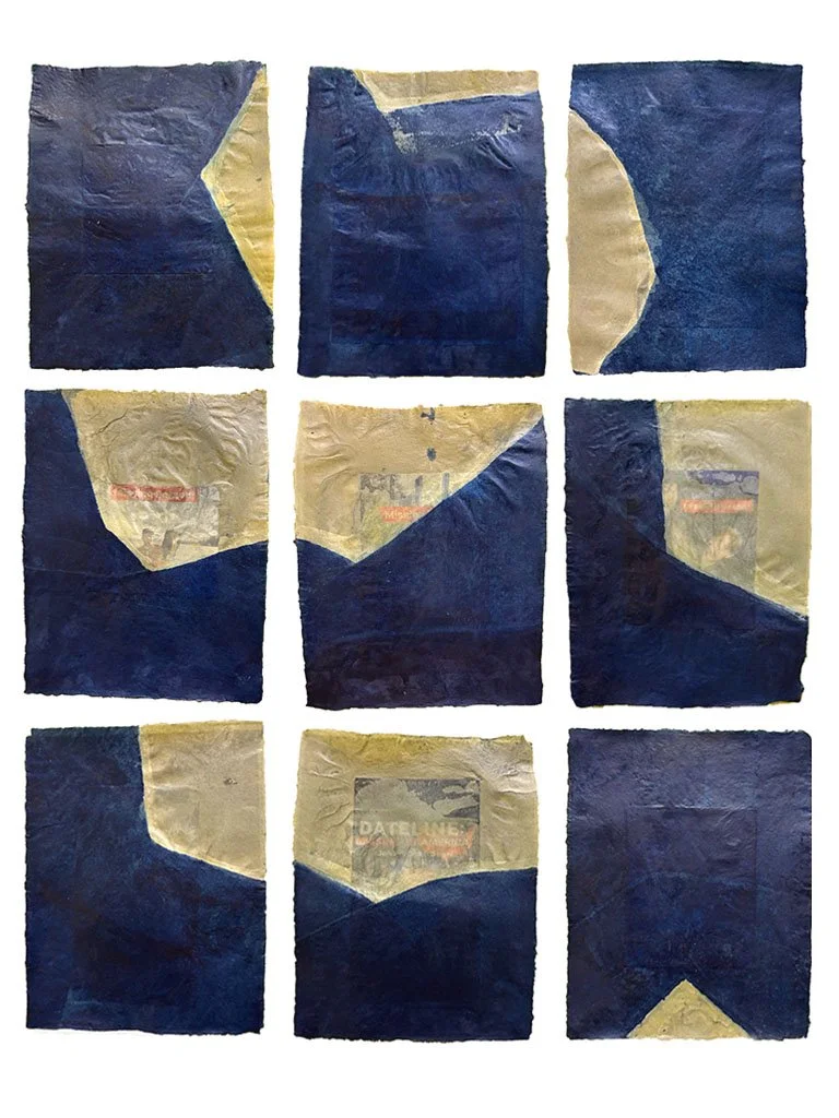 "Was Jack Here?" 2025
Handmade abaca paper, blue indigo dye, printed image embedments
9 8.5"x11" sheets