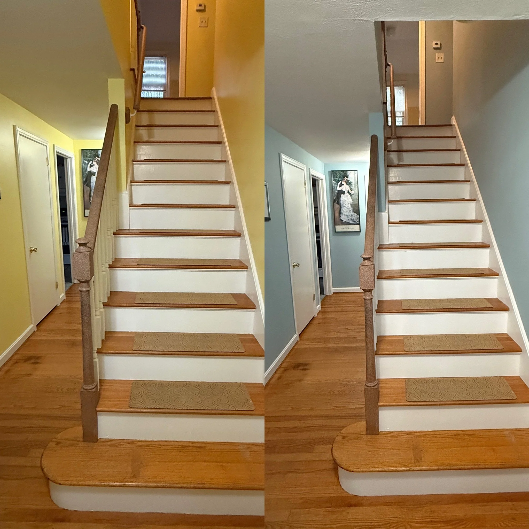 Side-by-side comparison of a staircase in two different color schemes. The left side shows a staircase with yellow walls, while the right side features light blue walls. The stairs have wooden treads with beige and patterned rugs, and a wooden handra