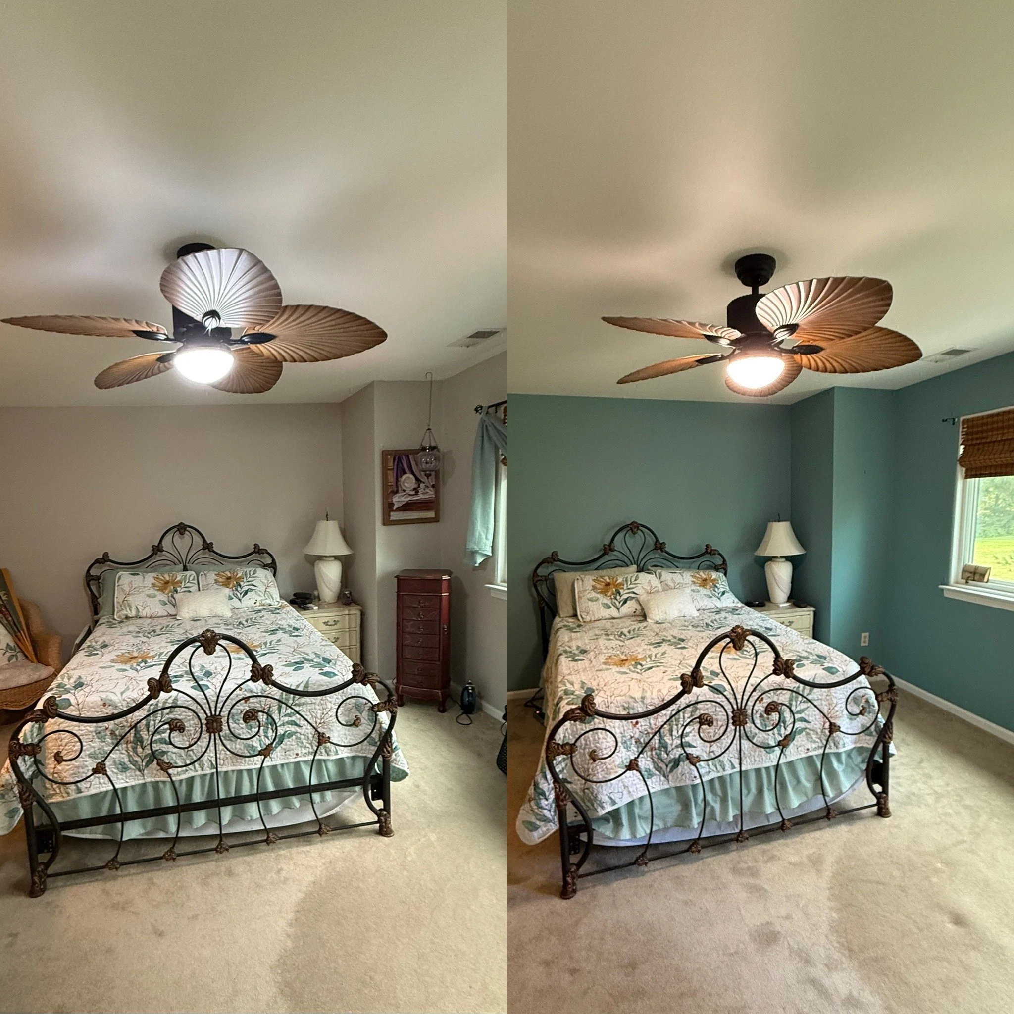 Side-by-side comparison of a bedroom before and after repainting; the first image shows a light-colored wall, while the second shows a teal wall. Both images feature a ceiling fan with leaf-shaped blades, a wrought iron bed with floral bedding, a whi