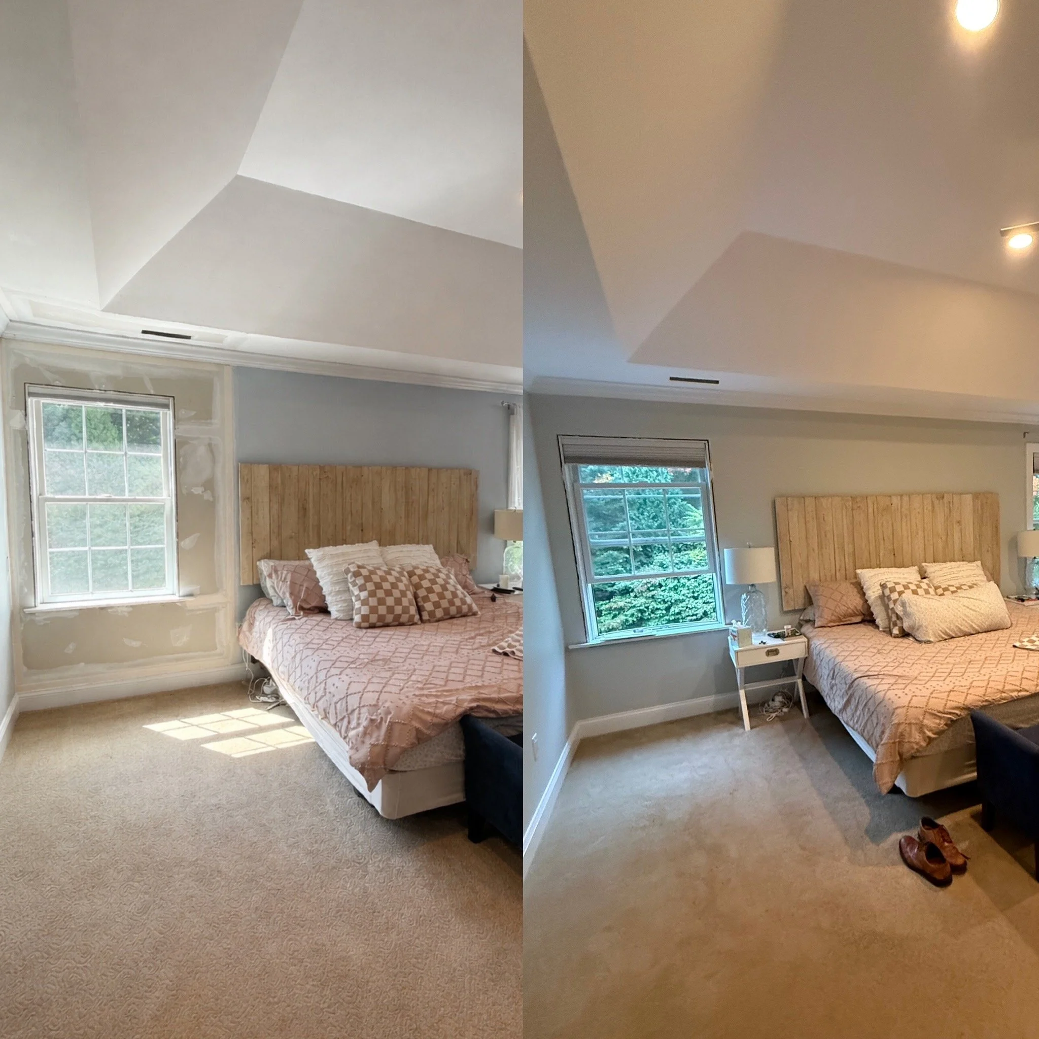 Side-by-side comparison of a Central CT bedroom before and after painting renovation. 