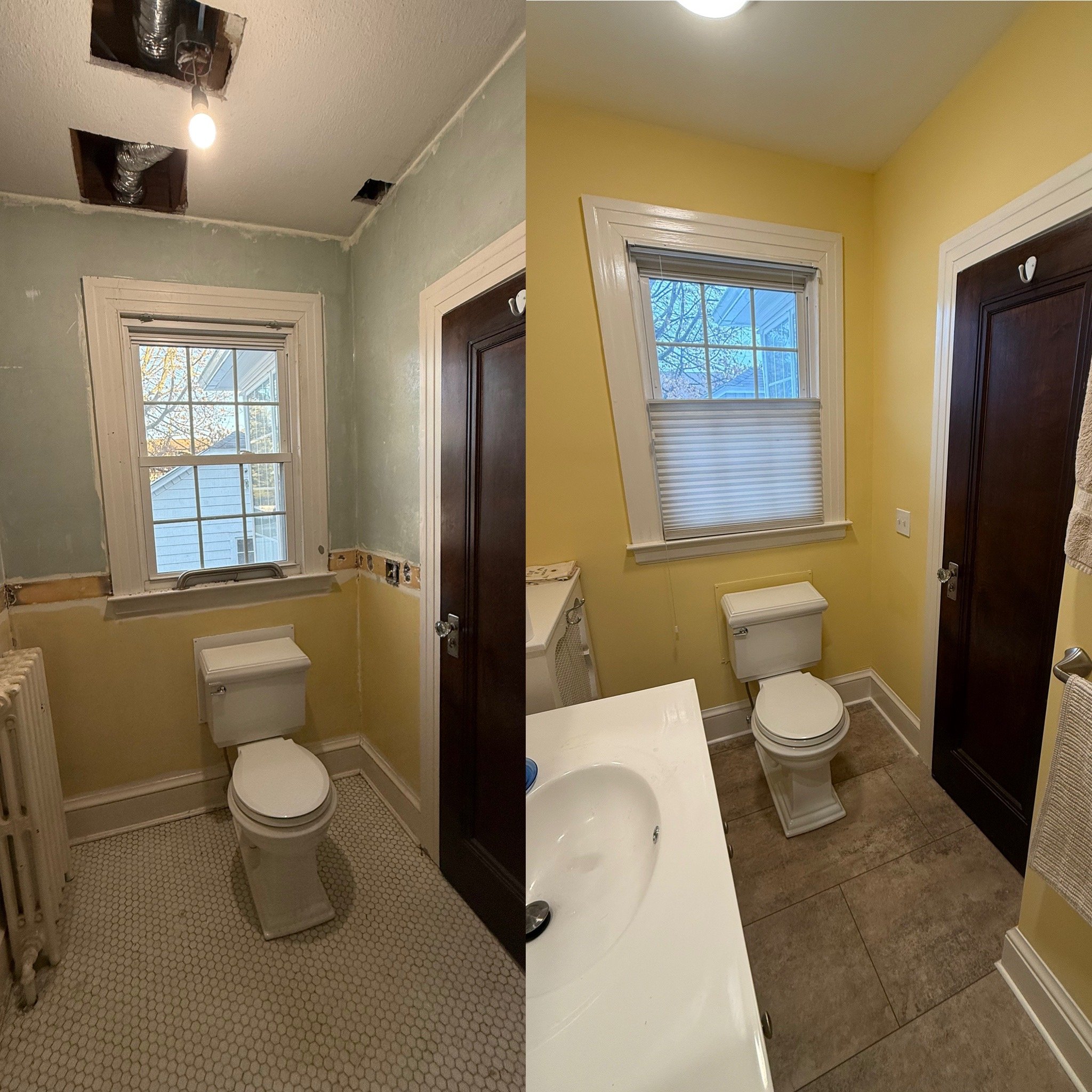 Comparison of a bathroom before and after renovation, showing a toilet, window, and wall with peeling paint in the before image, and a cleaner, painted yellow wall, window with blinds, and renovated flooring in the after image.