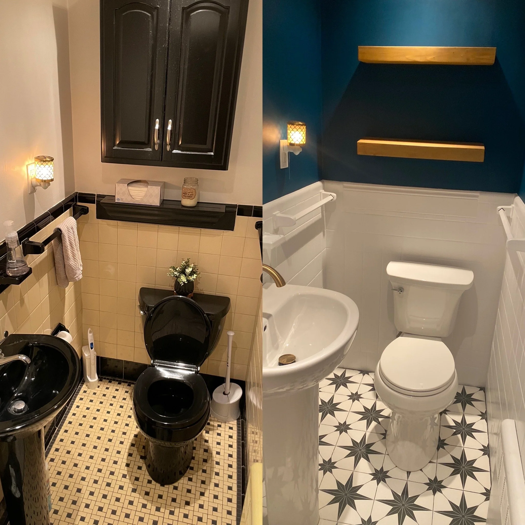 Comparison of two small central Connecticut bathrooms, one with black fixtures and yellow tiles, the other with white fixtures and patterned black and white floor tiles.