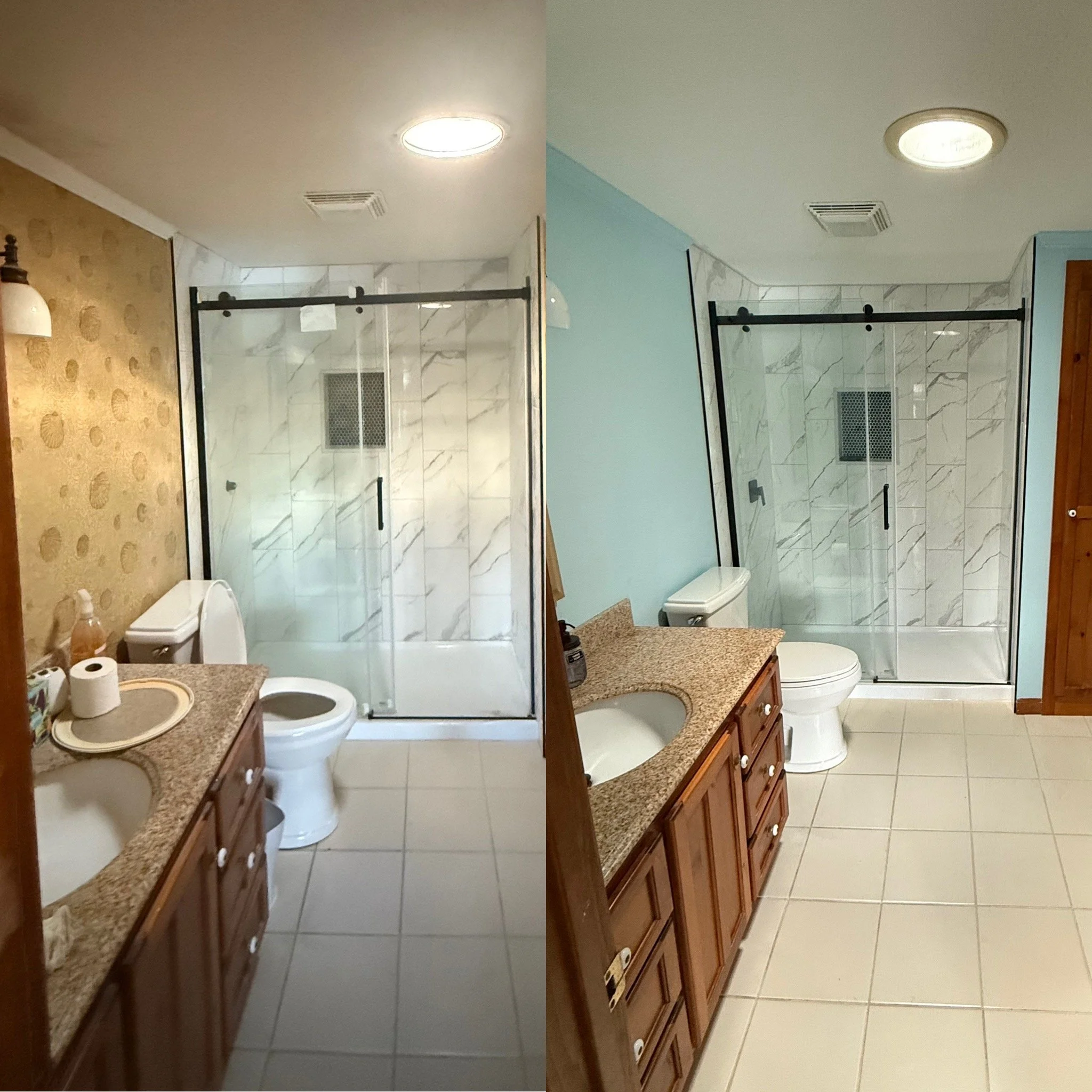 Side-by-side comparison of a bathroom before and after renovation. The before shows a bathroom with dated beige wallpaper, a white toilet, a granite countertop with two sinks, and a shower with a black metal sliding door. The after shows a modernized