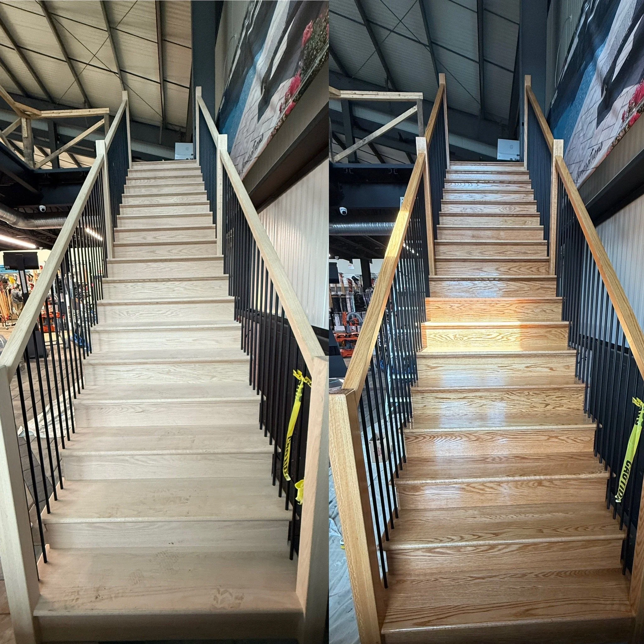 Comparison of two wooden staircases with black metal railings, one unfinished and one finished with varnish.
