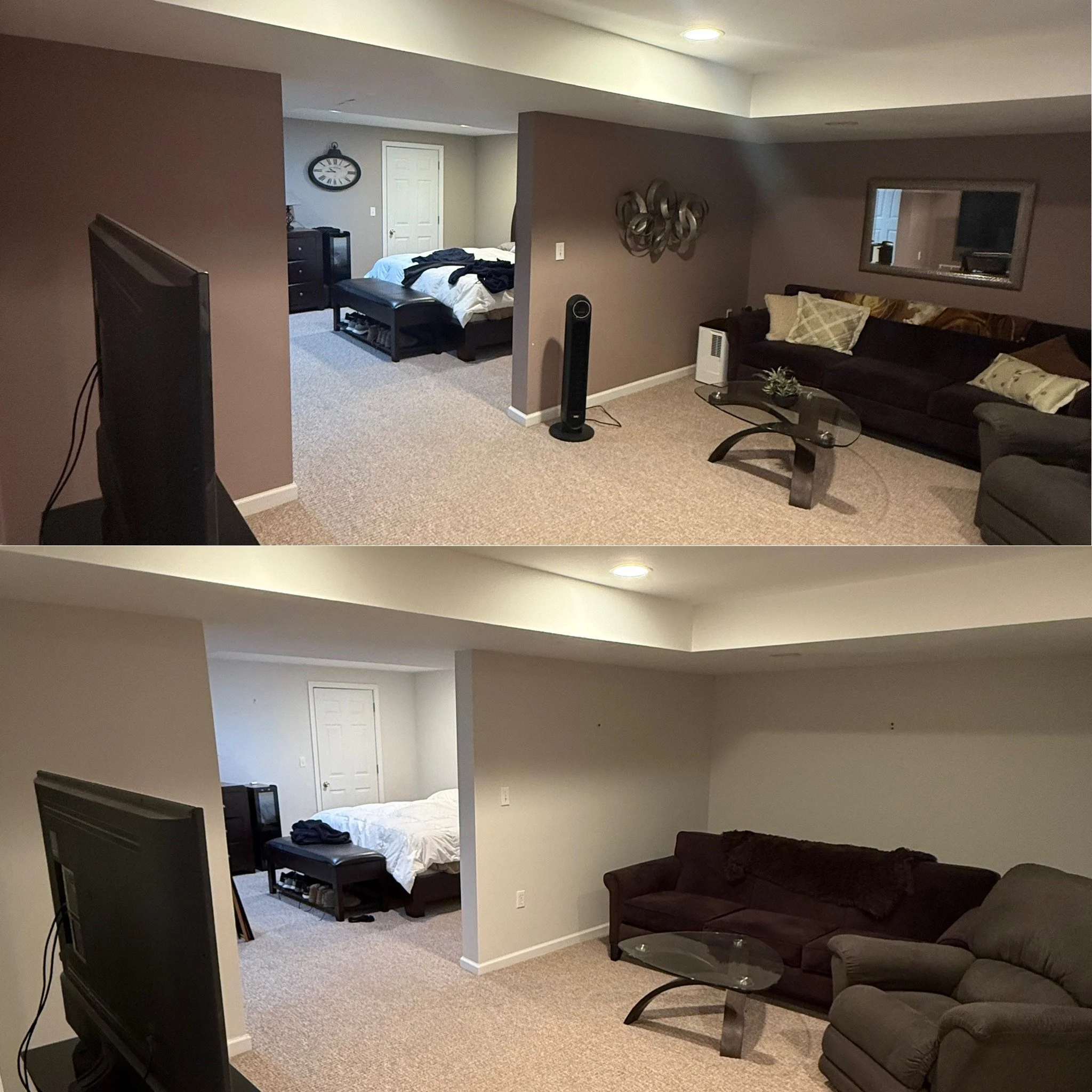 Before and after of bedroom/living room in Central Connecticut, professionally painted to brighten up the space.