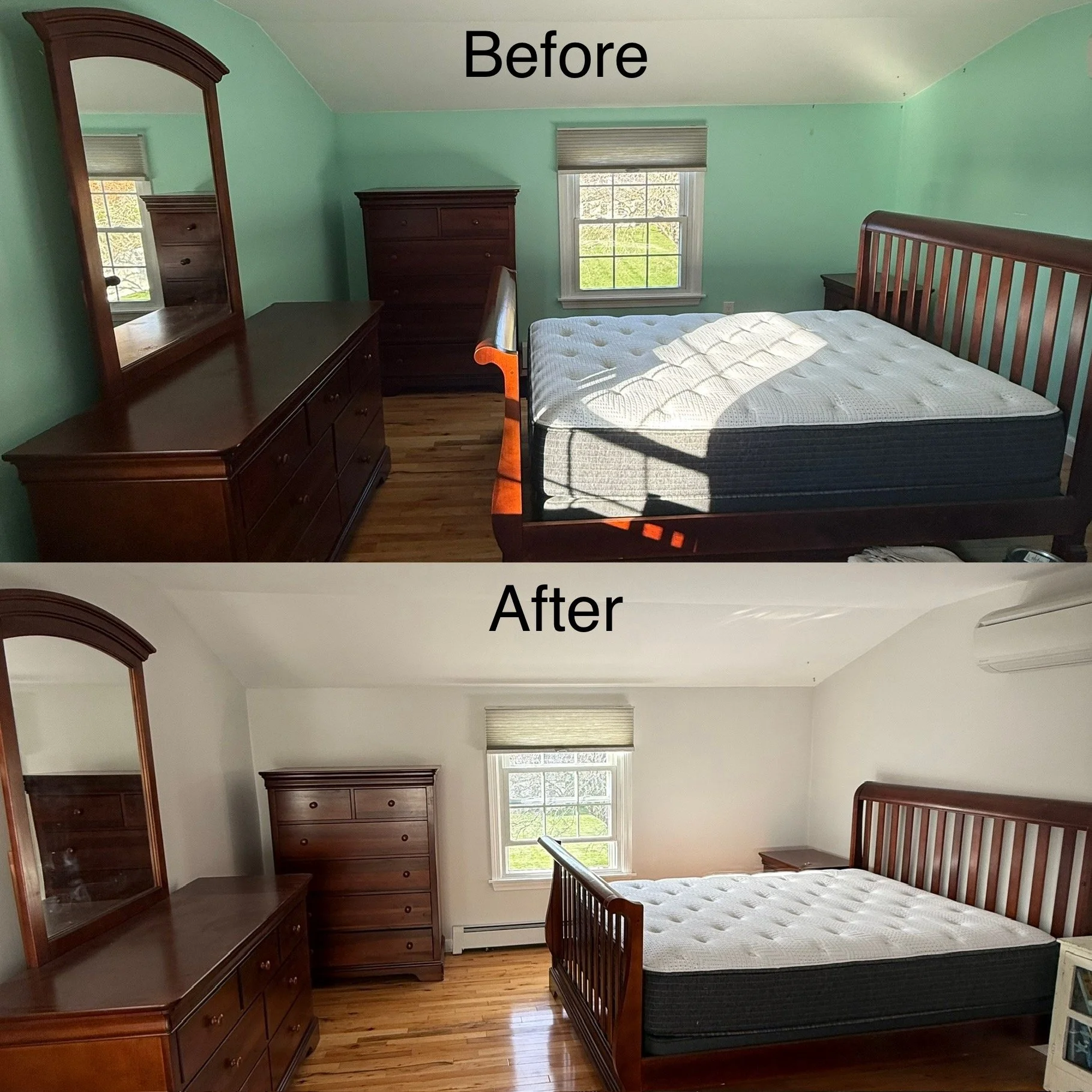 Comparison of bedroom in Connecticut before and after renovation. In the before image, the walls are painted light green, and in the after image, the walls are expertly painted white. The after photo shows a cleaner, brighter space with fresh paint.