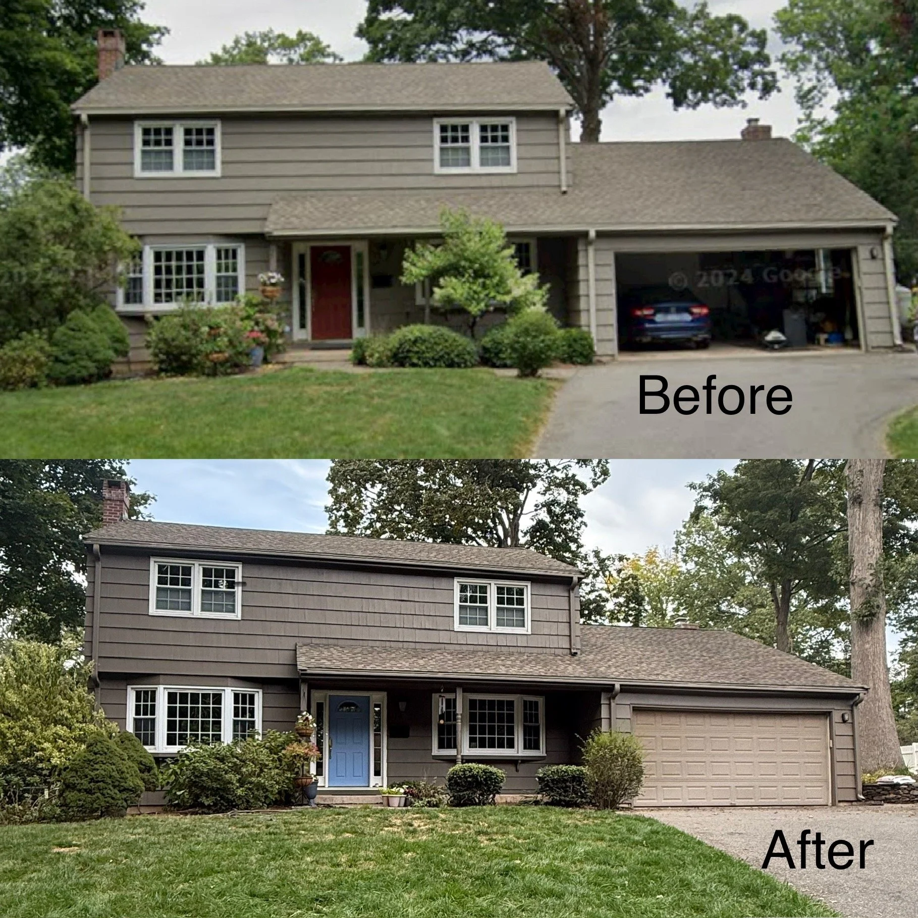 Side-by-side comparison of a house before and after exterior renovation. The 'Before' image shows a house with a beige siding, a single garage, and a front yard with shrubs. The 'After' image shows the same house with a darker brown siding, a blue fr