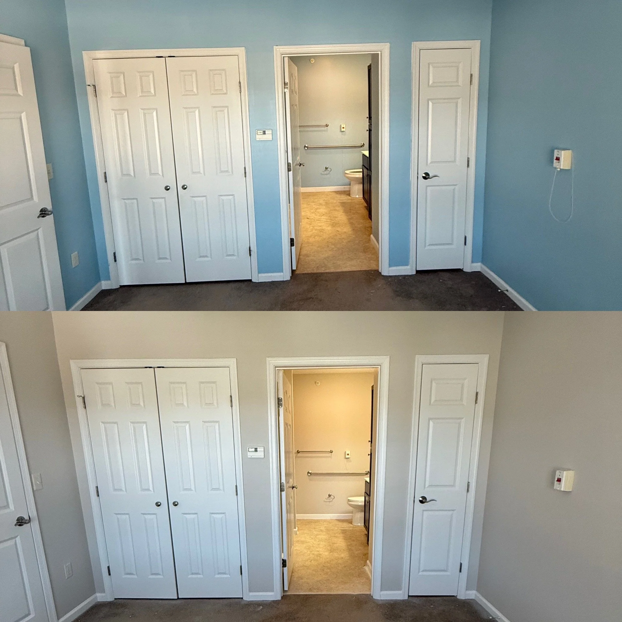 Comparison of a room before and after painting: the top image shows the room with blue walls, while the bottom image shows the same room painted light gray.