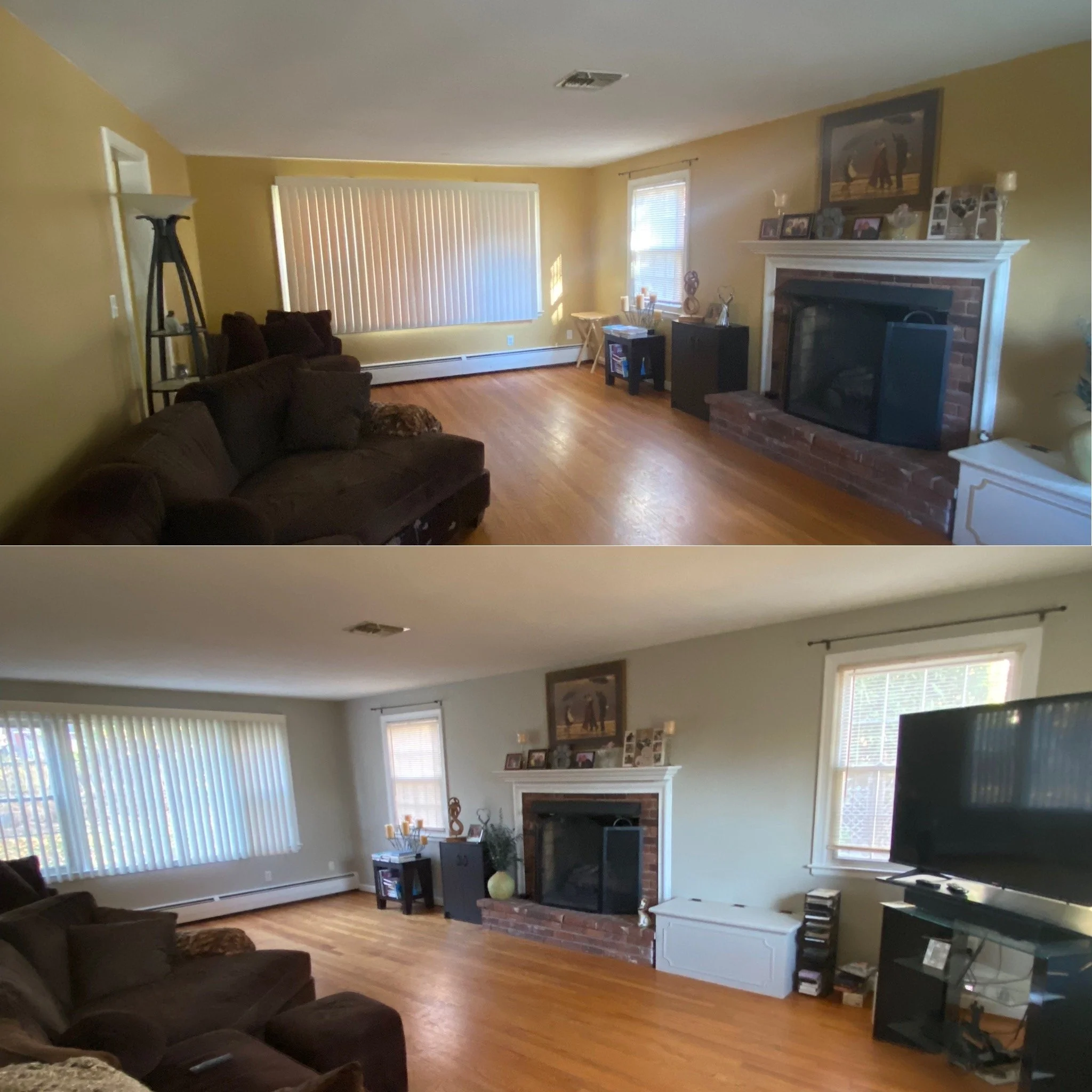 Before and after images of a living room showing changes in window treatment, wall color, and furniture placement.