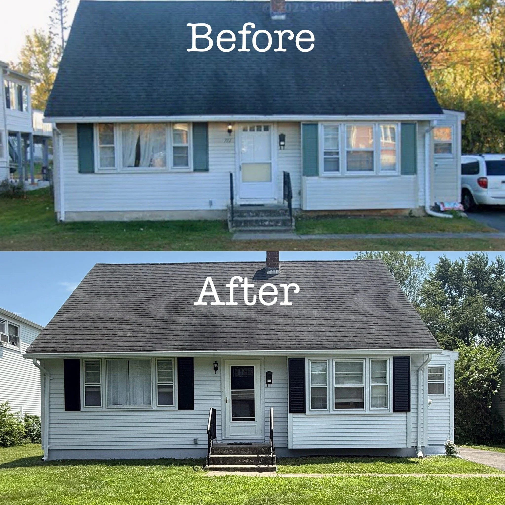 Side-by-side comparison of a house before and after renovation. The 'Before' image shows a house with worn siding, a dark roof, and outdated shutters. The 'After' image shows the same house with a fresh coat of white paint, new black shutters, and a 