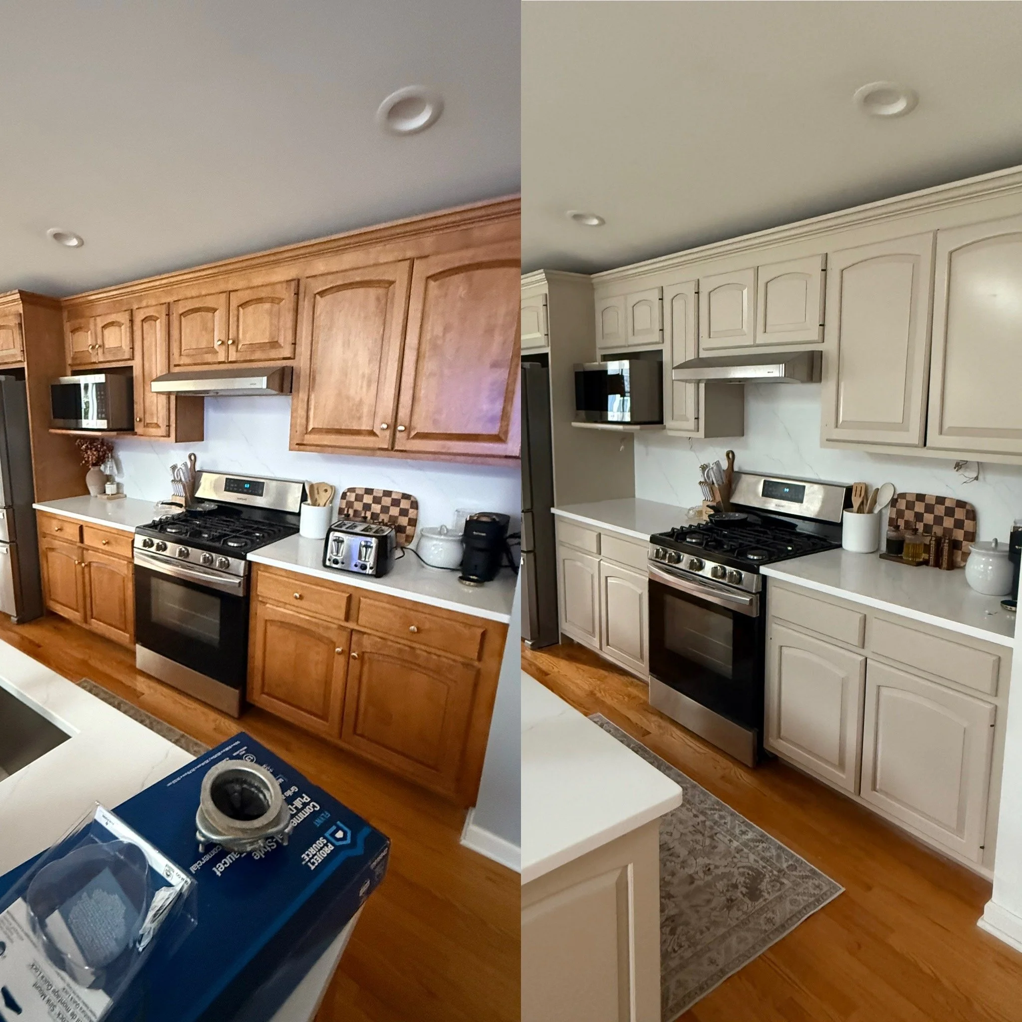Comparison of a Wethersfield, Connecticut kitchen before and after renovation, featuring beautiful off-white cabinets in the after photo and oak cabinets in the before photo.