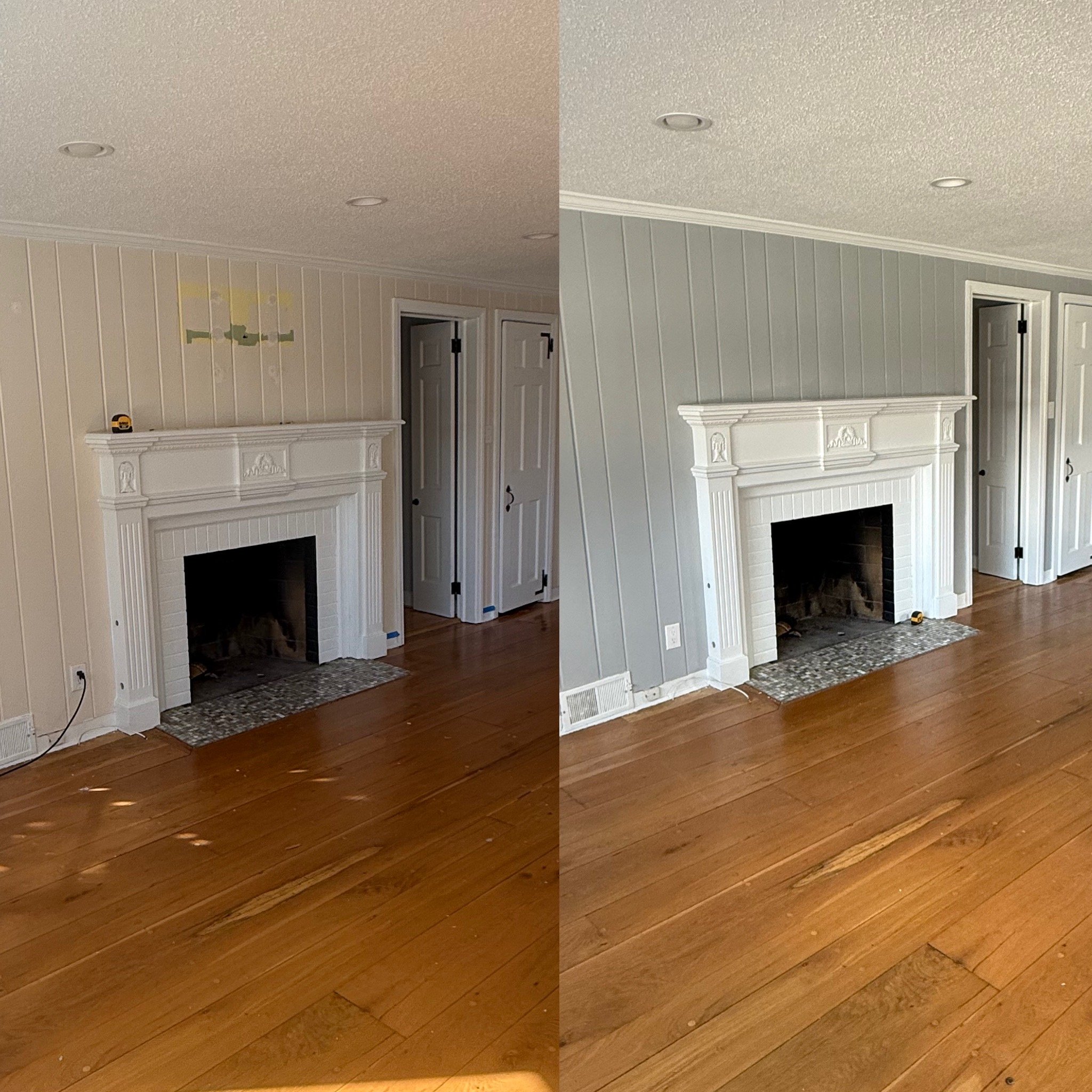 Comparison of a living room fireplace before and after repainting, showing a beige wall on the left and a grey wall on the right.