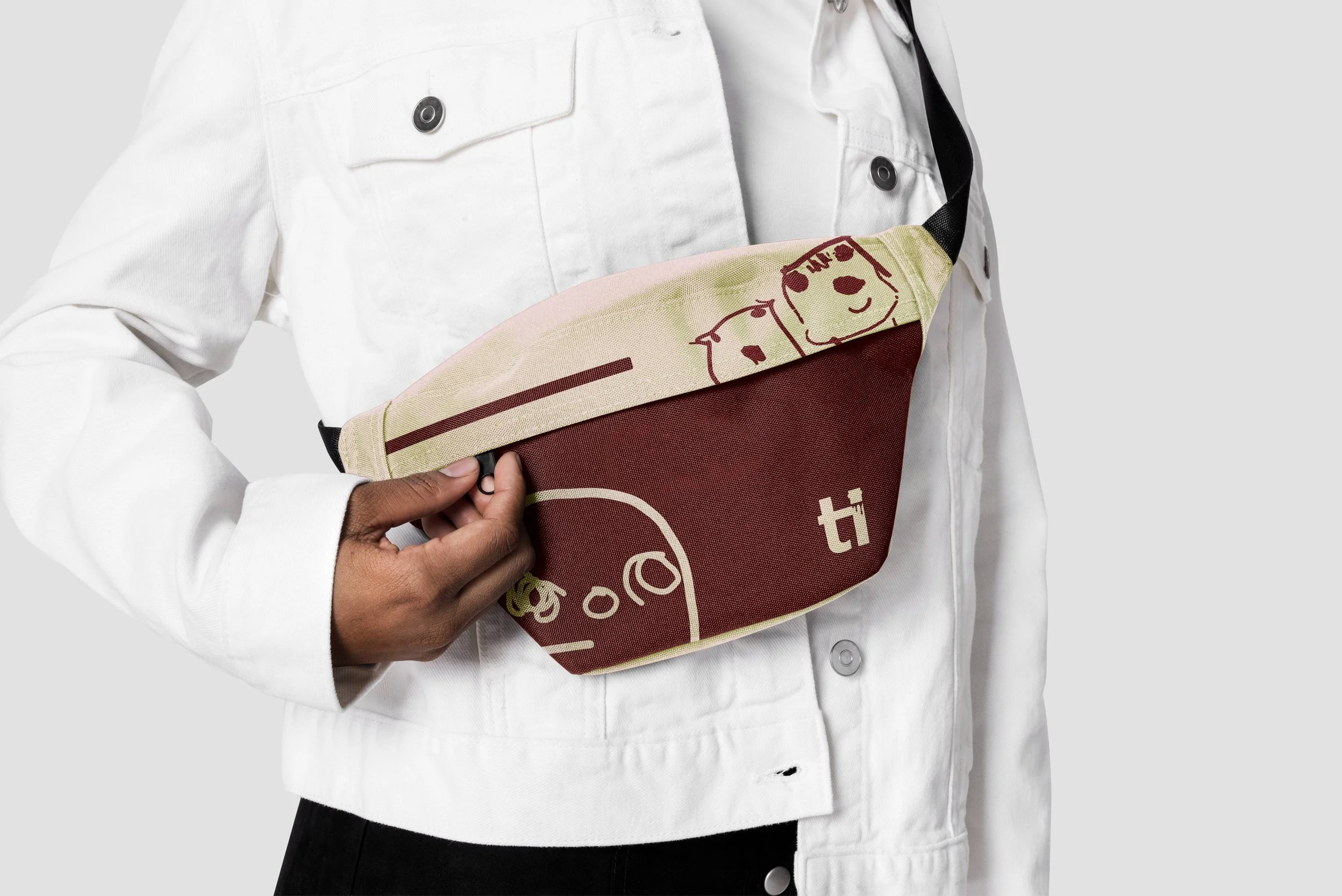 Fanny pack designed with drawings from the owner's childhood