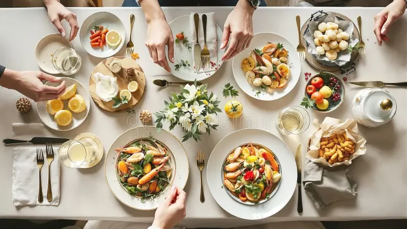top-flat-view-table-served-food-hands-setting-elegant-dinner-table-place-various-seafood-vegetable-greenery-items-391097494.webp