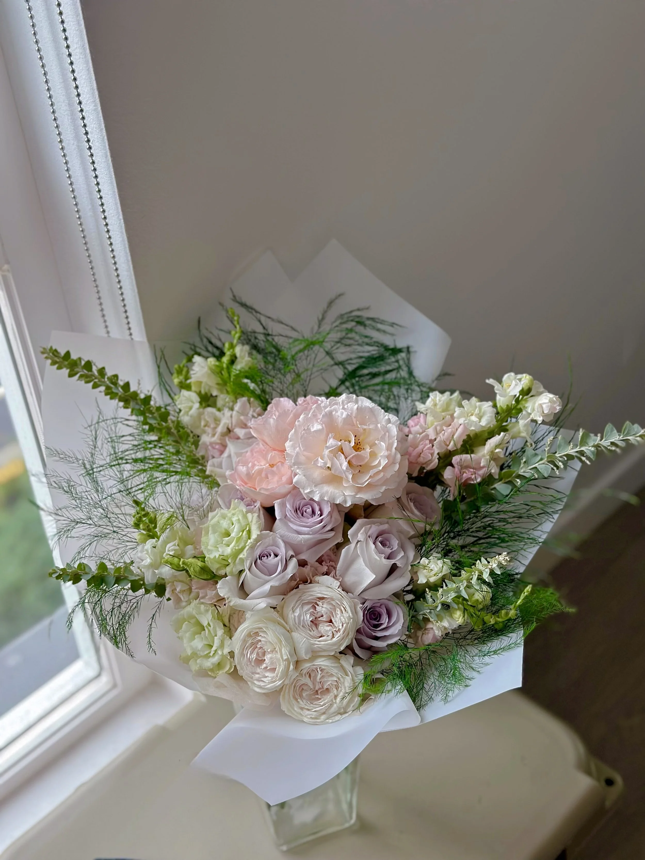 Grand bouquet with lavender roses, lisianthus, and greenery — The Lady Gardener Seattle