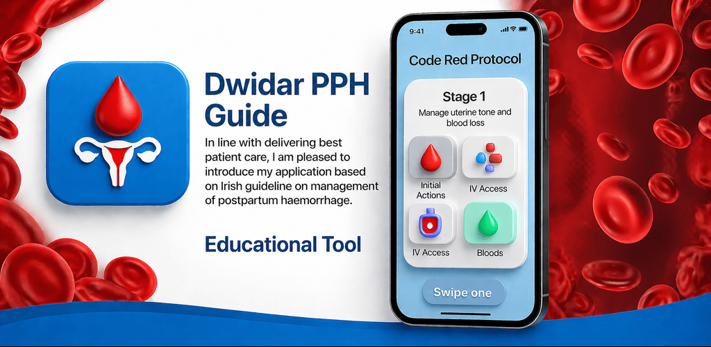 An educational guide for Dwidar PPH on postpartum hemorrhage management showing a mobile app interface with stages for controlling uterine tone and blood loss.