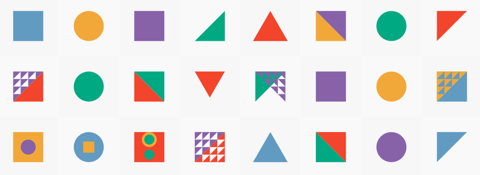 A collection of colorful geometric shapes arranged in a grid pattern, including squares, circles, triangles, and various quadrilaterals with different colors and patterns.