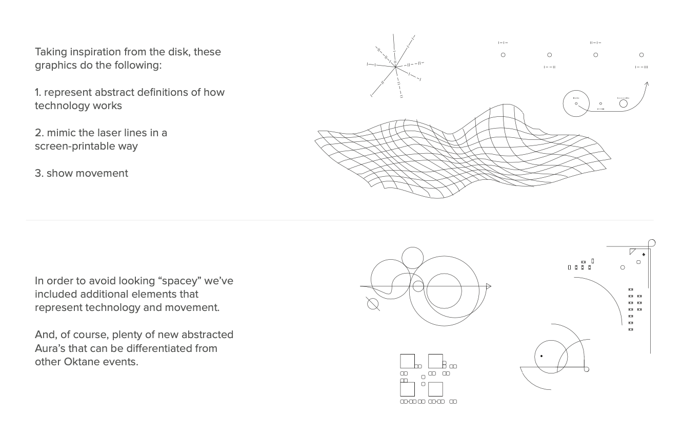 Conference branding featuring gradients and Keynote stage design for Oktane18 with the Beyond gradient theme and dark futuristic visuals.