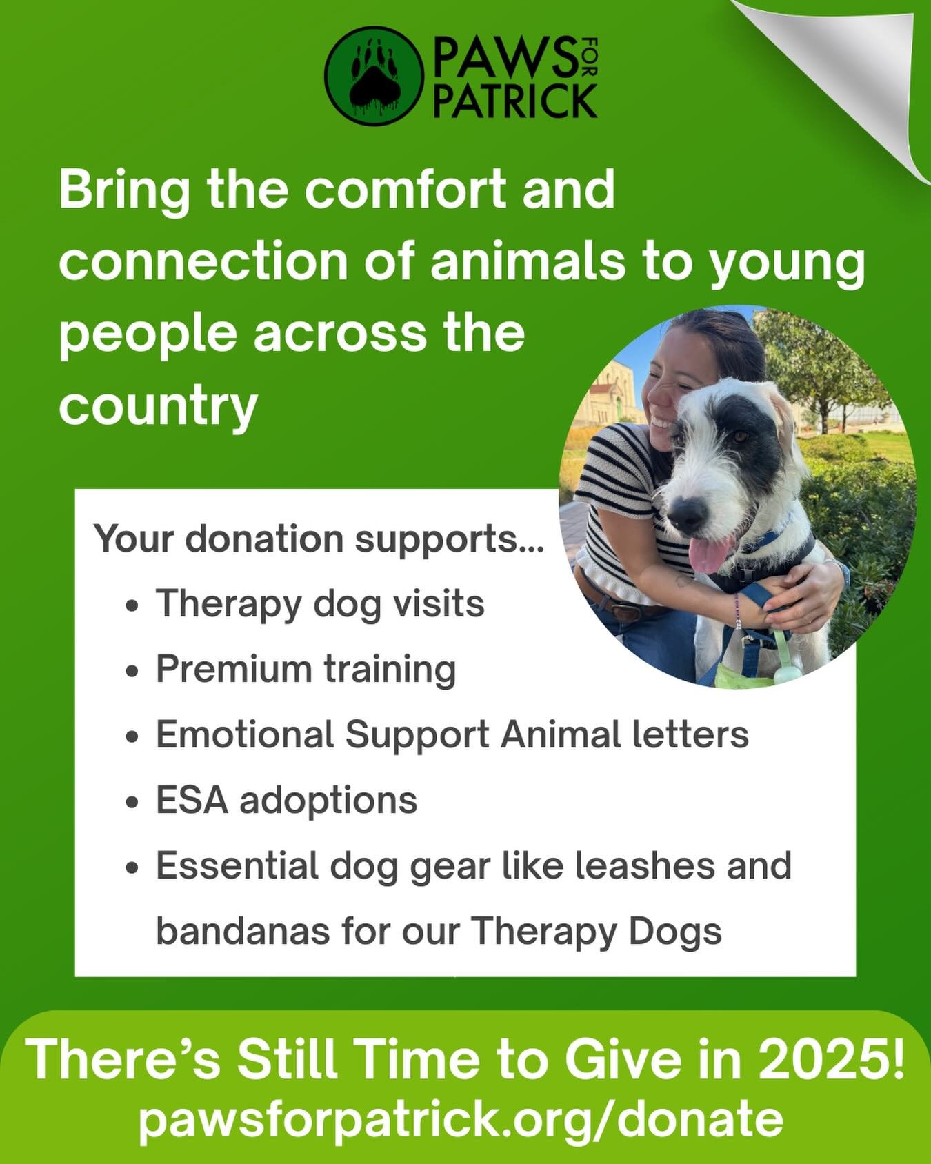 The year may be ending, but the impact doesn&rsquo;t have to. It&rsquo;s not too late to give in 2025 and help us continue to bring comfort, connection, and support to young people through animals. Every gift makes a difference. 💚 You can donate tod