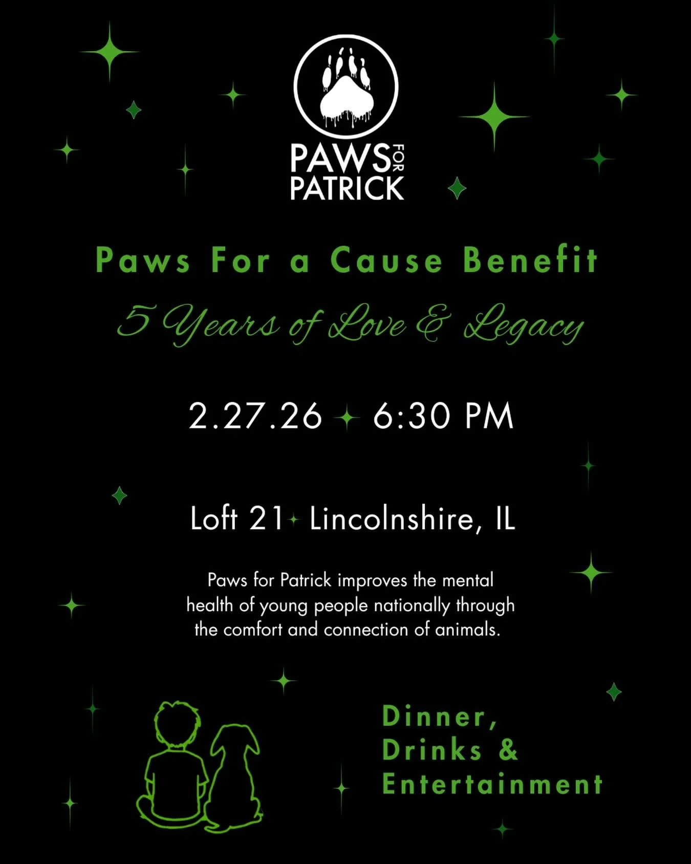 Tickets are still available but selling fast for the 2026 Paws for a Cause Benefit! 👏 Celebrate 5 years of love and legacy with Paws for Patrick during an unforgettable evening on February 27th, at @loft21events. ✨ 

Delicious dining, open bar, danc