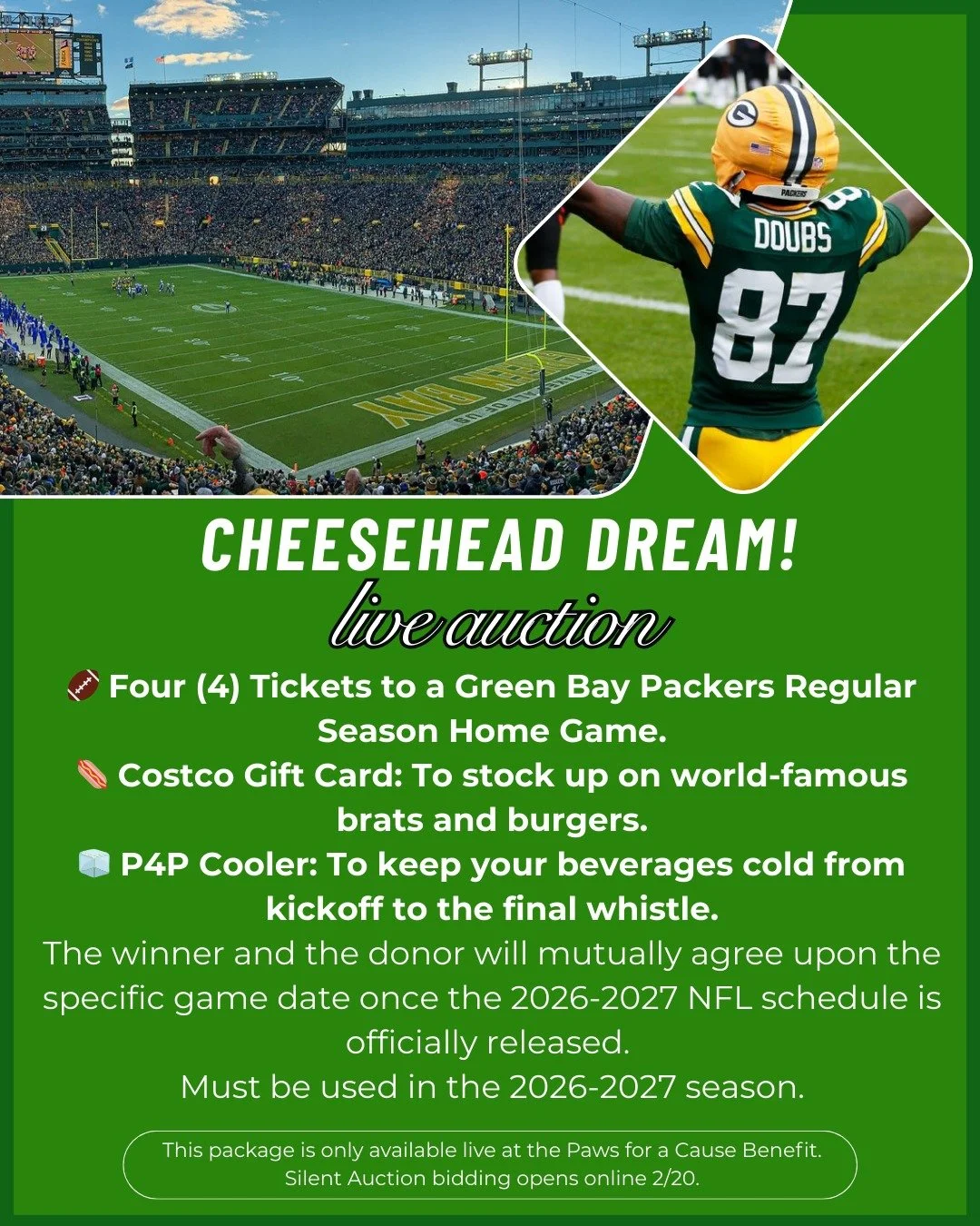 Calling all cheeseheads! 🧀

🏈 Four (4) Tickets to a Green Bay Packers Regular Season Home Game.
🌭 Costco Gift Card: To stock up on world-famous brats and burgers.
🧊 P4P Cooler: To keep your beverages cold from kickoff to the final whistle.

*The 