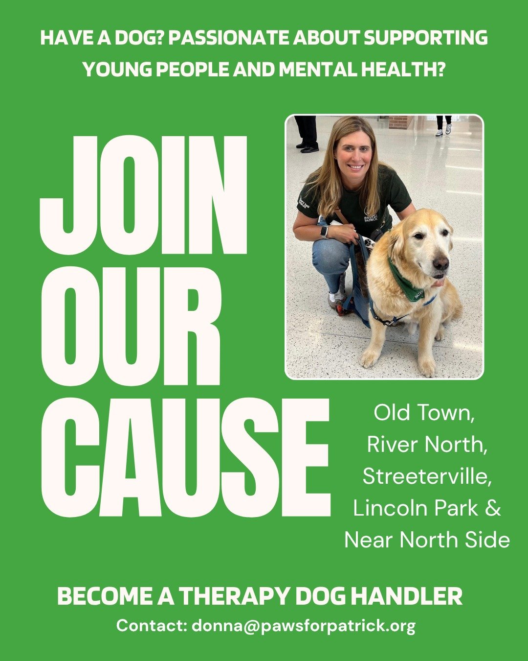 Chicagoland, we&rsquo;re growing. ✨

Paws for Patrick is expanding our Therapy Dog Program in the Chicagoland area, and we&rsquo;re looking for compassionate volunteers and friendly dogs ready to make a difference. We&rsquo;re currently recruiting in