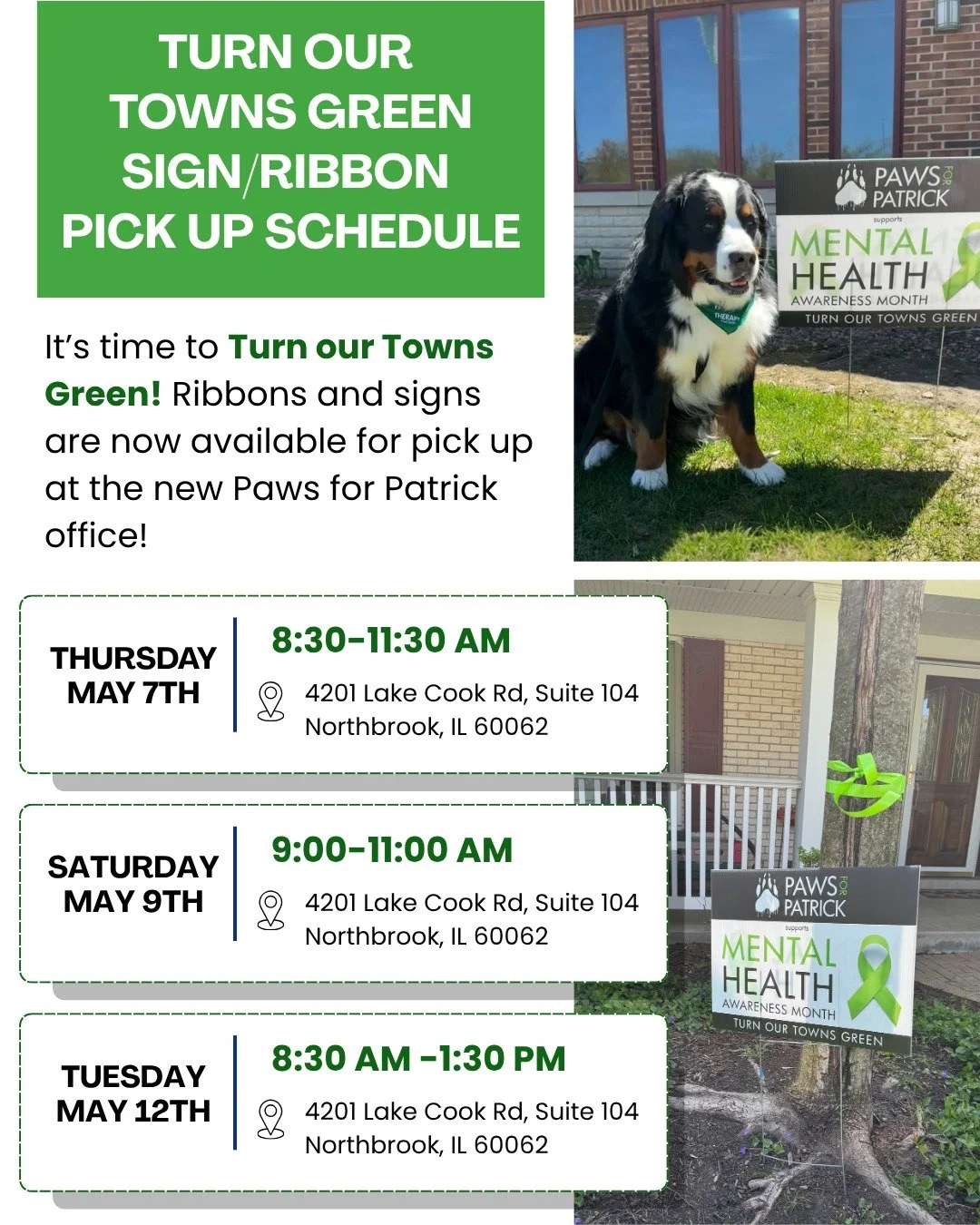 It's time to Turn Our Towns Green for Mental Health Awareness Month! 💚

Local North Shore ribbon and sign pick up is now available at the new Paws for Patrick office!

Pick up your ribbons and signs at our new Paws for Patrick office:

📍 4201 Lake 
