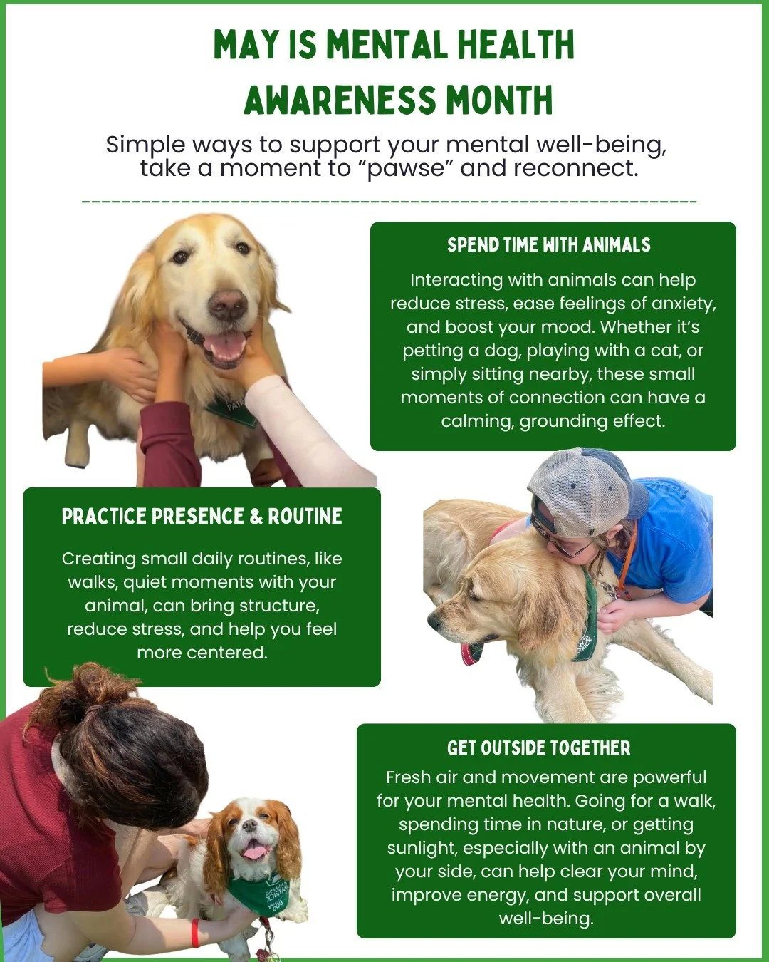 Mental Health Awareness Month is a good reminder to slow down and check in with yourself. Sometimes self-care is as simple as taking a walk with your dog, getting outside, or spending a few quiet minutes with your animal. 🐾

Remember, you are not al