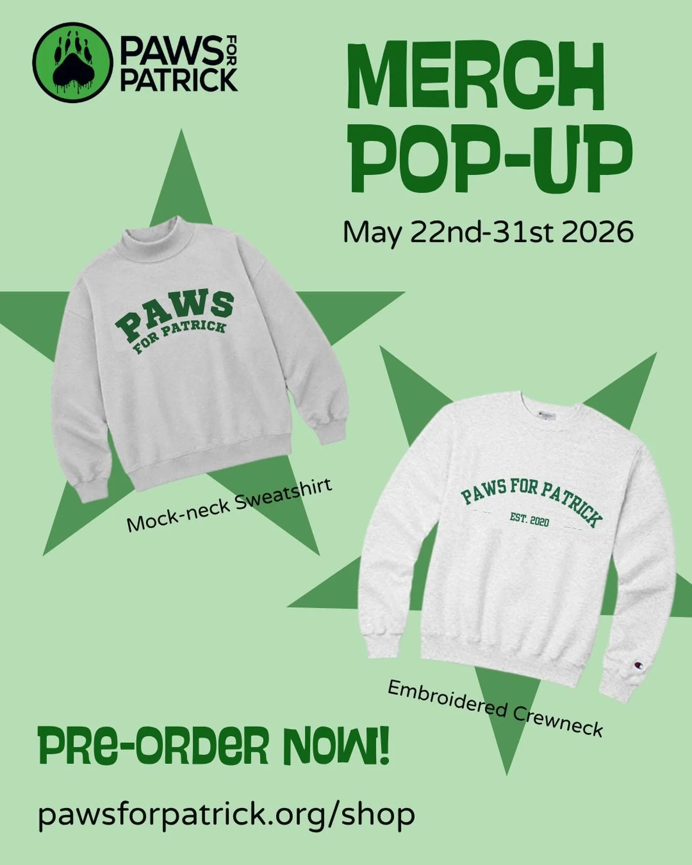 Our exclusive Mental Health Awareness Month sweatshirts are officially here! 💚

Every sweatshirt helps share a message that matters. By wearing Paws for Patrick swag, you&rsquo;re helping raise awareness for youth mental health and sparking conversa