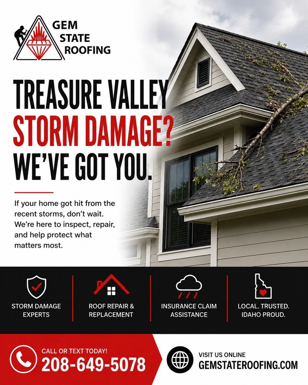 Treasure Valley, that storm rolled through hard 🌧️🌬️

If your home took a hit from fallen branches, missing shingles, roof debris, or wind damage, give Gem State Roofing a call. We&rsquo;re happy to come inspect everything and make sure your roof i