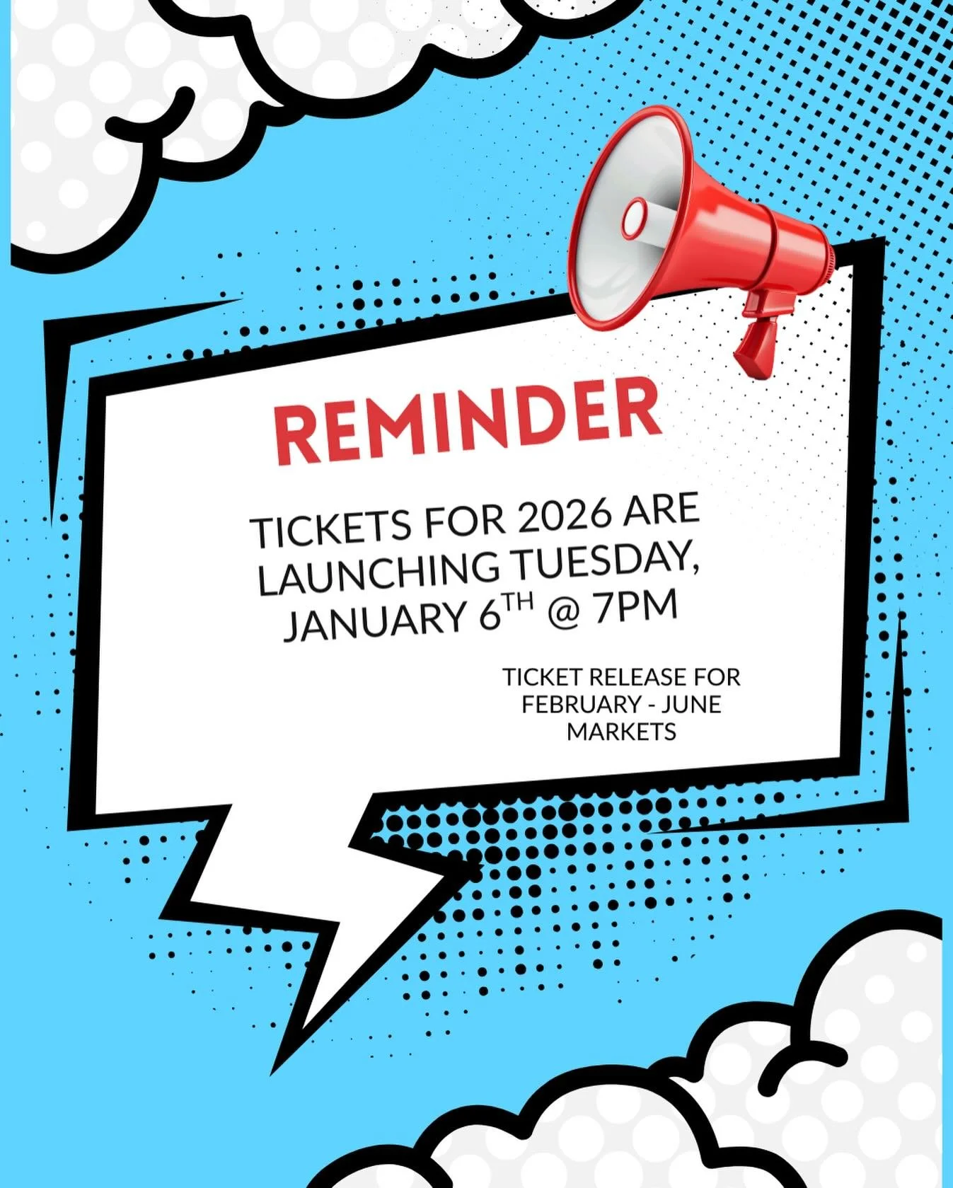 ‼️TICKETS ARE LAUNCHING SOON ‼️

Set an alarm..mark your calendar..and get ready for our ticket release. 

🔔 Tuesday, January 6th @7pm 

Tickets will open for our February thru June markets! 

As a reminder: 
To navigate to the tickets you will clic